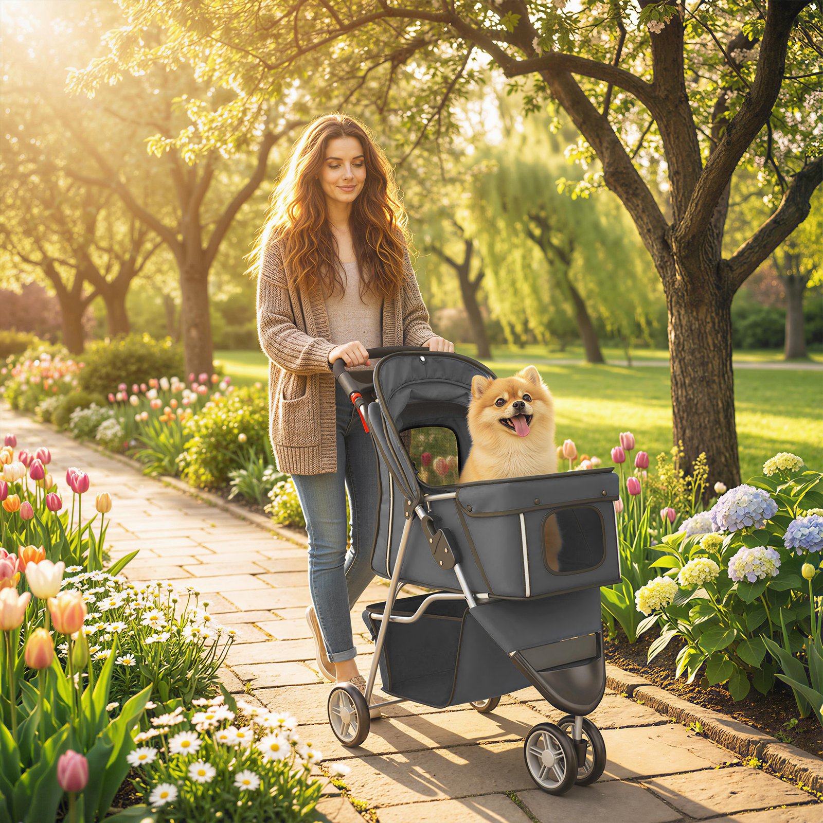 Dog Stroller, 3 Wheels Foldable Pet Stroller with Adjustable Canopy, Storage Basket for Small Mini Breeds, Dark Grey
