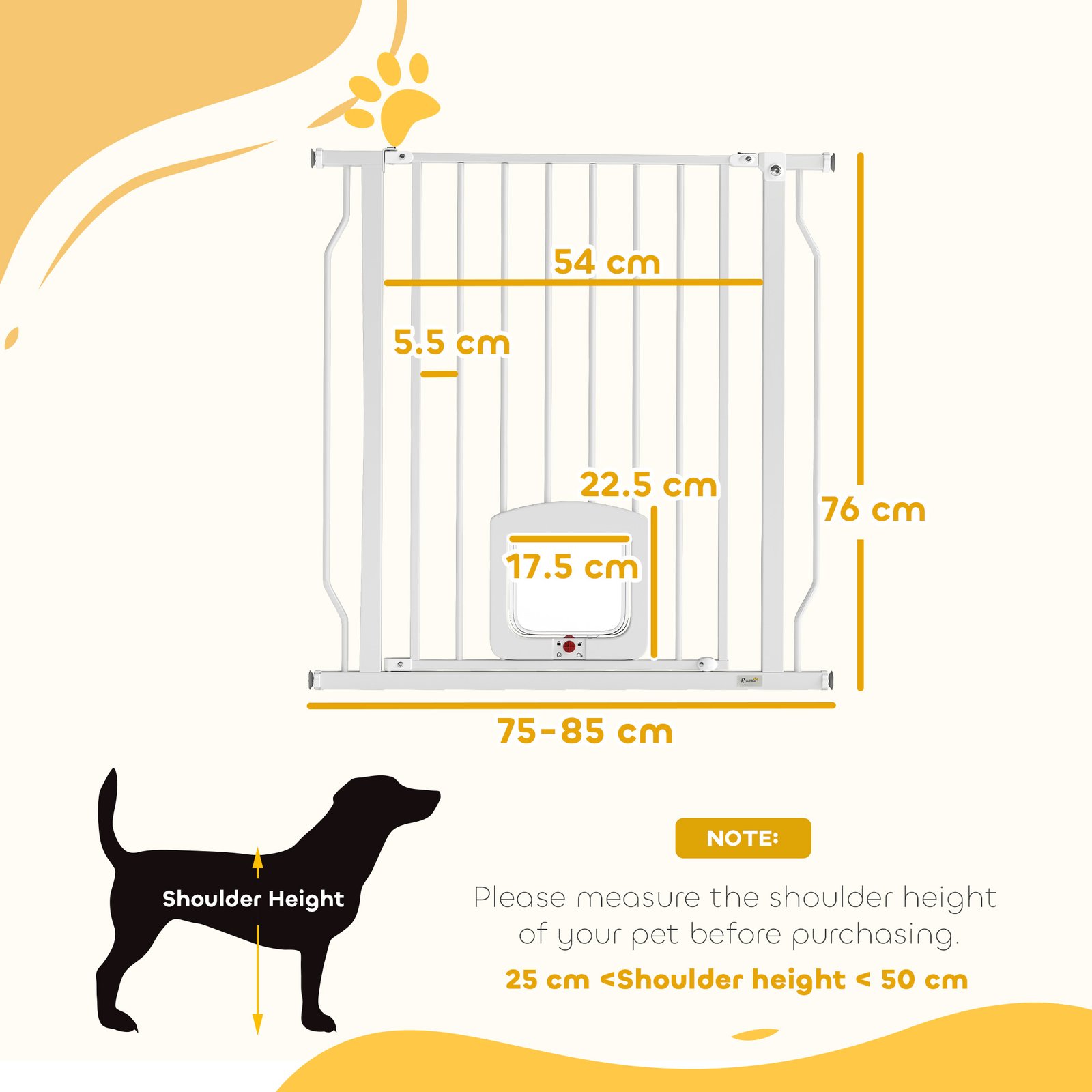 Adjustable Pet Gate with Cat Door, Pressure Fit Barrier for Doorway and Hallway, 75-85 cm, White