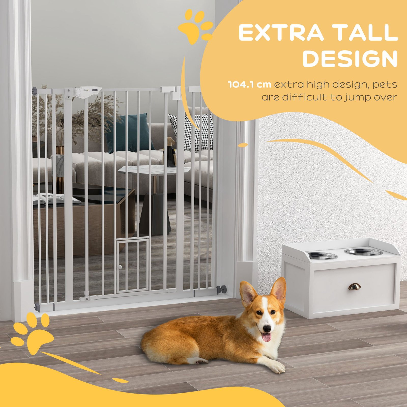 Extra Tall Pet Gate, Indoor Dog Safety Gate, with Cat Flap, Auto Close, 74-101cm Wide - White - Image 8