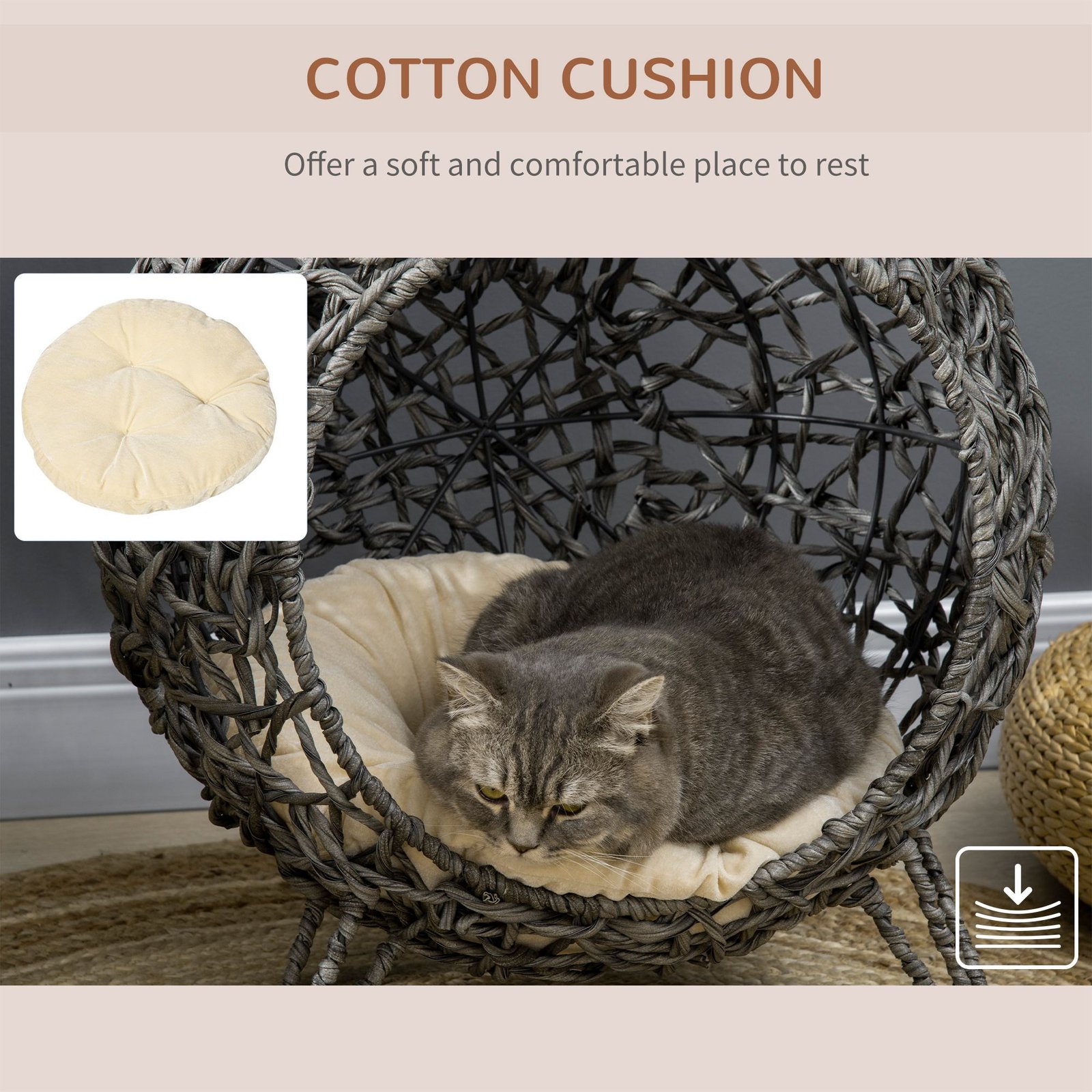 Rattan Elevated Cat Bed House Kitten Basket Ball Shaped Pet Furniture w/ Removable Cushion - Silver-Tone and Grey - Image 5