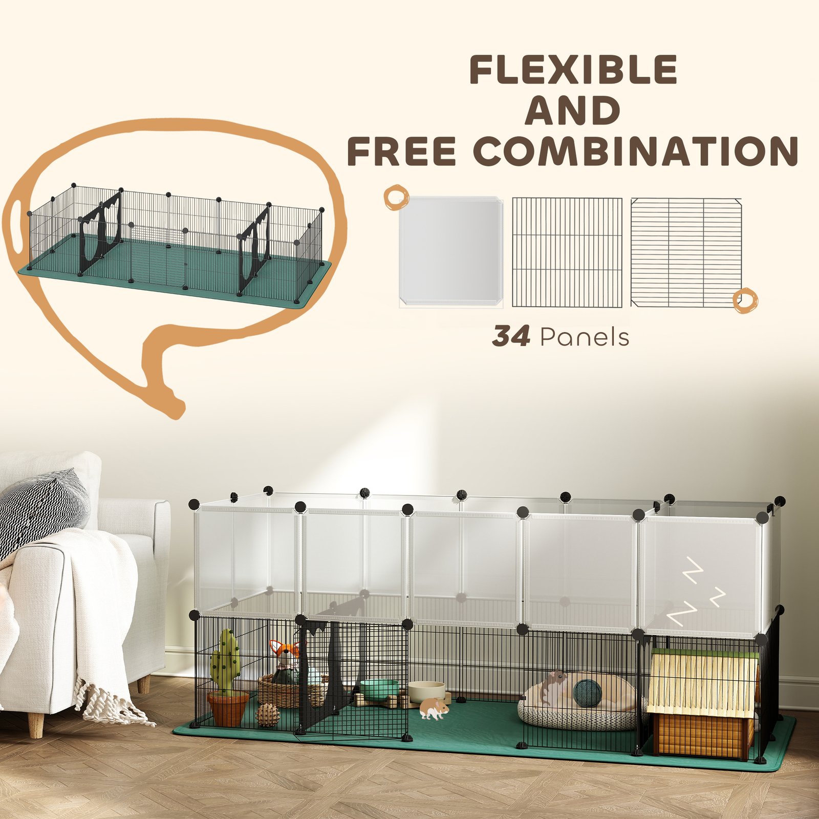 Pet Playpen with Waterproof Mat, DIY Small Animal Enclosure 34 Panels, Indoor/Outdoor Metal Pet Fence for Guinea Pigs - Image 5