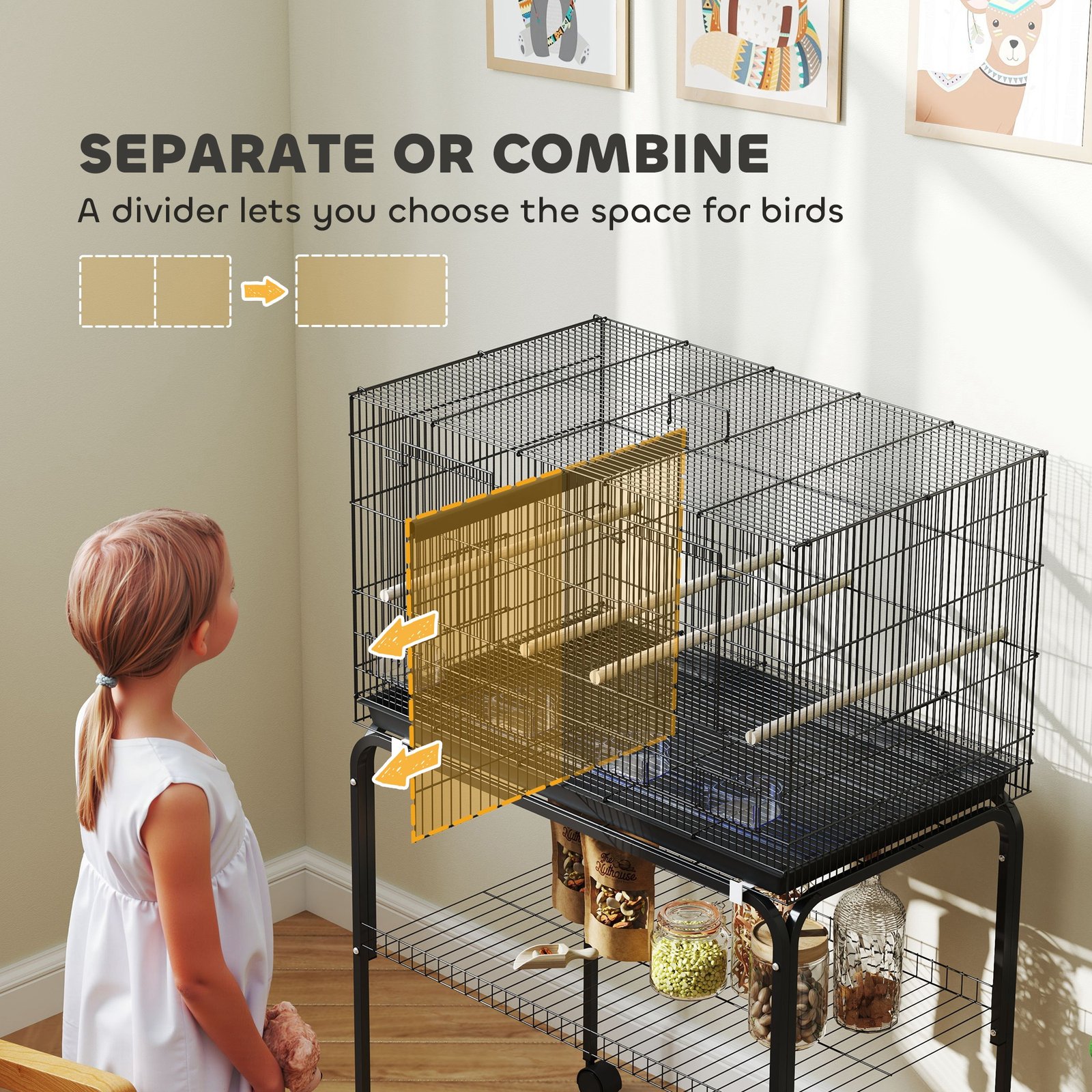 Bird Cage with Divider, 4 Wooden Perches, Slide Out Tray, 4 Feeders, for Budgie, Lovebird, Canary, 76 x 46 x 116cm Black - Image 4