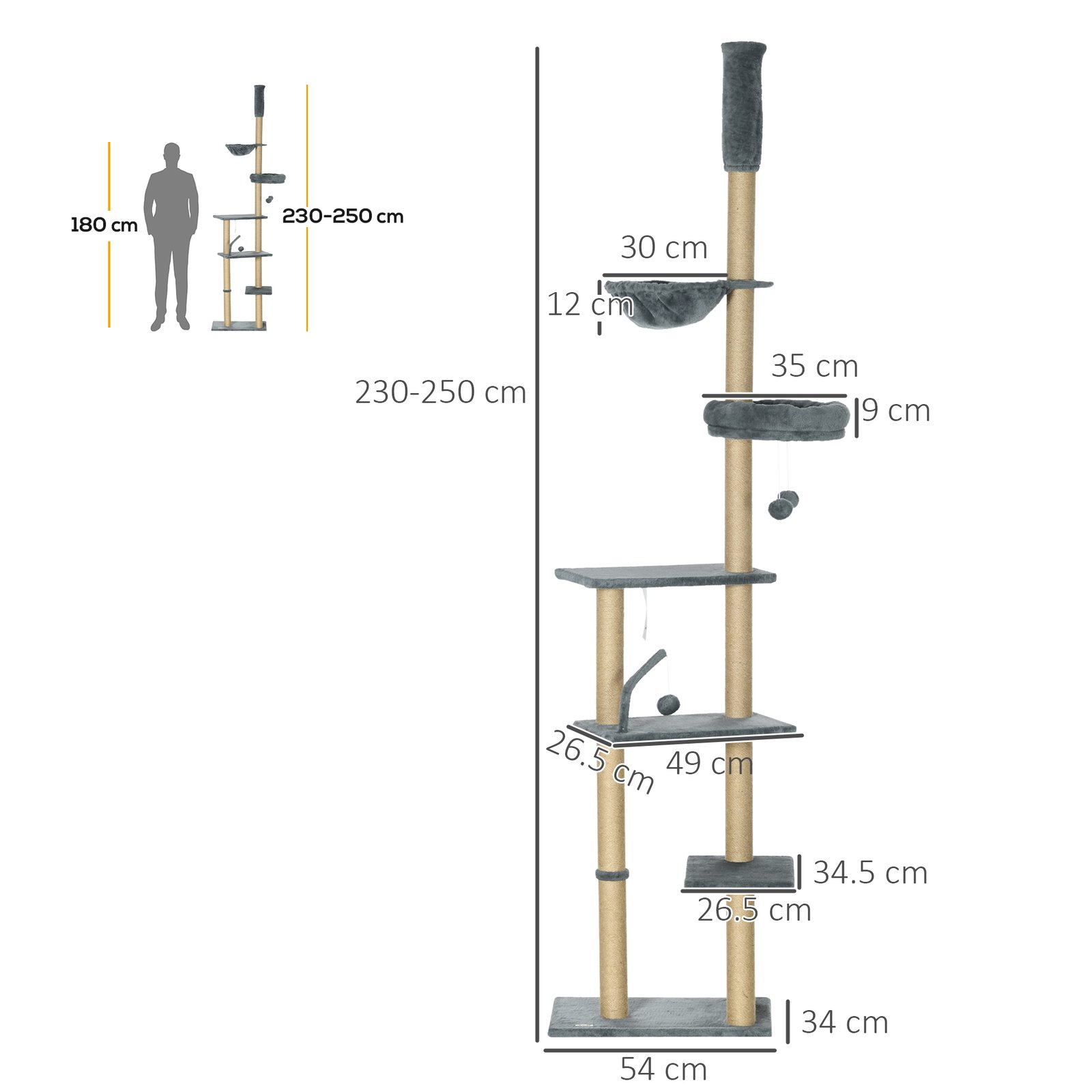 230-250cm Floor-to-Ceiling Climbing Cat Tree Tower - Grey