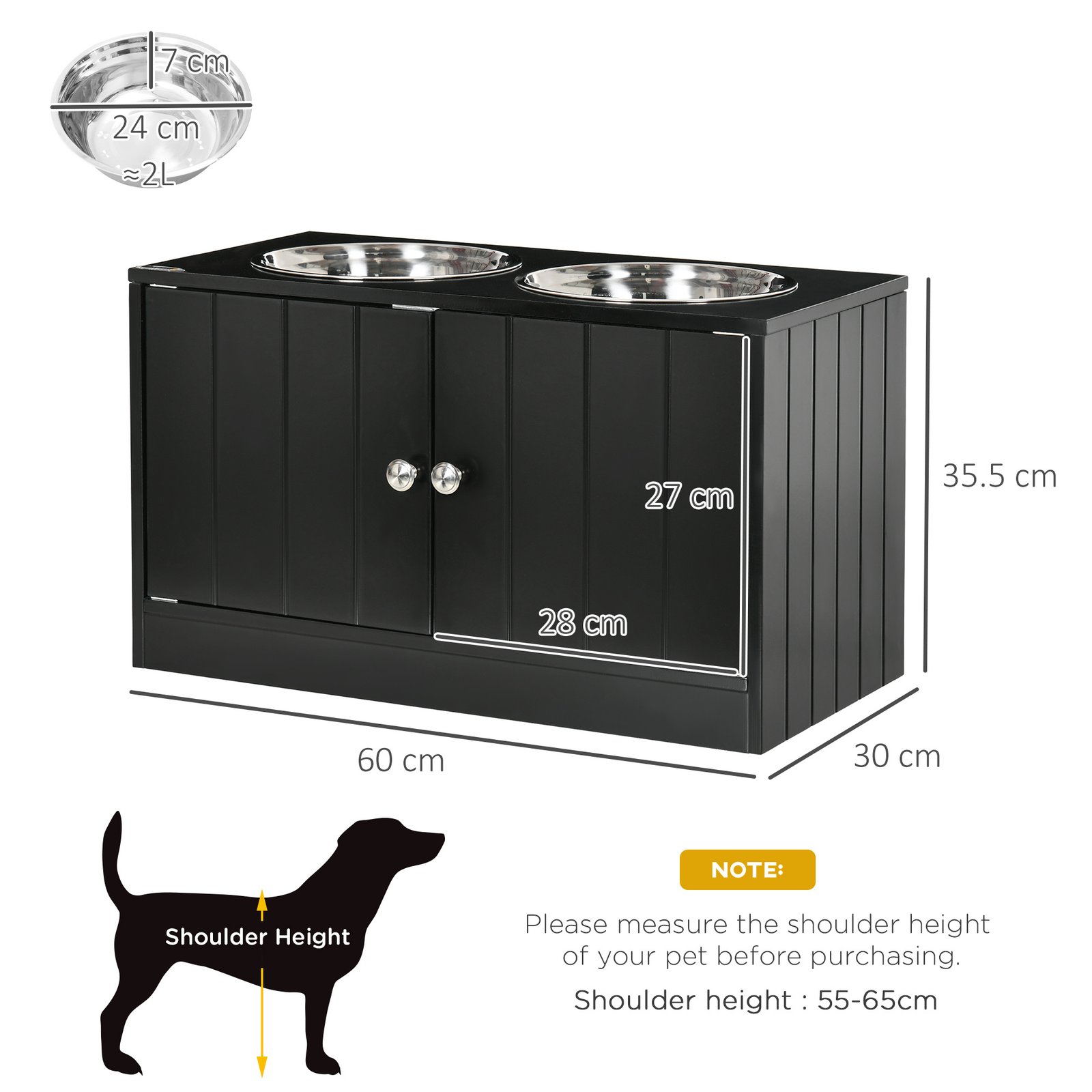Raised Pet Feeder, with Two Bowls, Storage - Black - Image 3