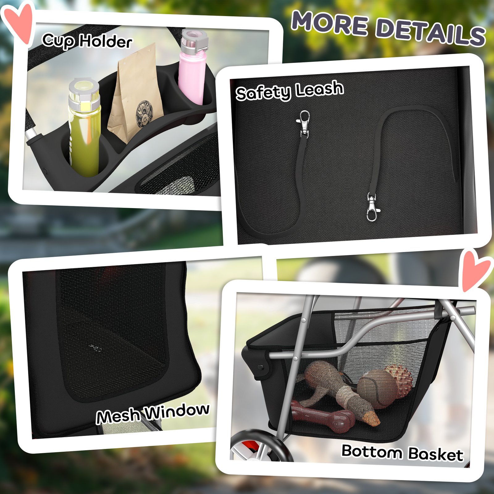 Dog Pram, Pet Stroller with Reflective Strips, Foldable Cat Stroller with 360° Swivel Wheels, Black - Image 8