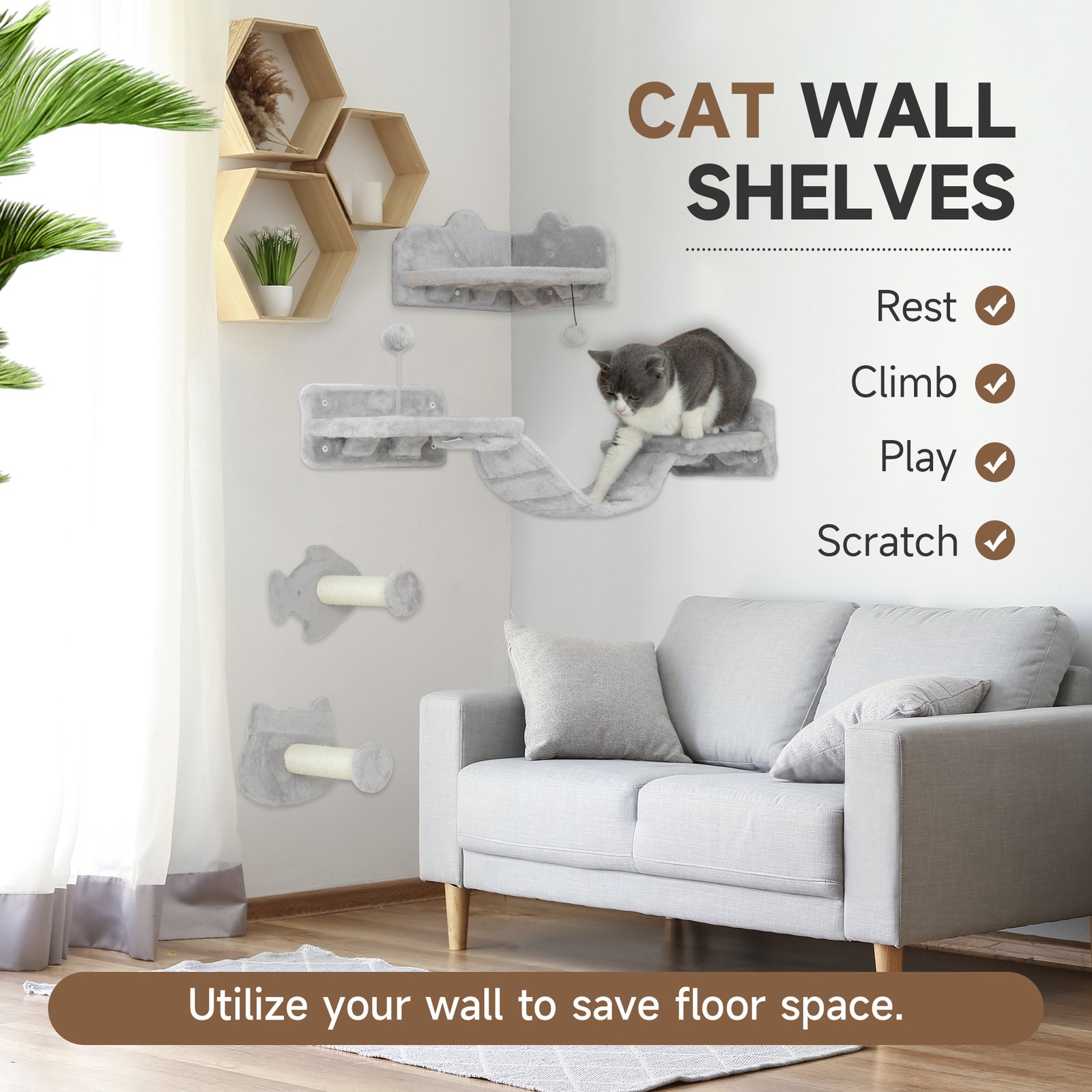 4-Piece Cat Wall Shelves with Steps, Ladder, Jumping Platforms, Light Grey - Image 4