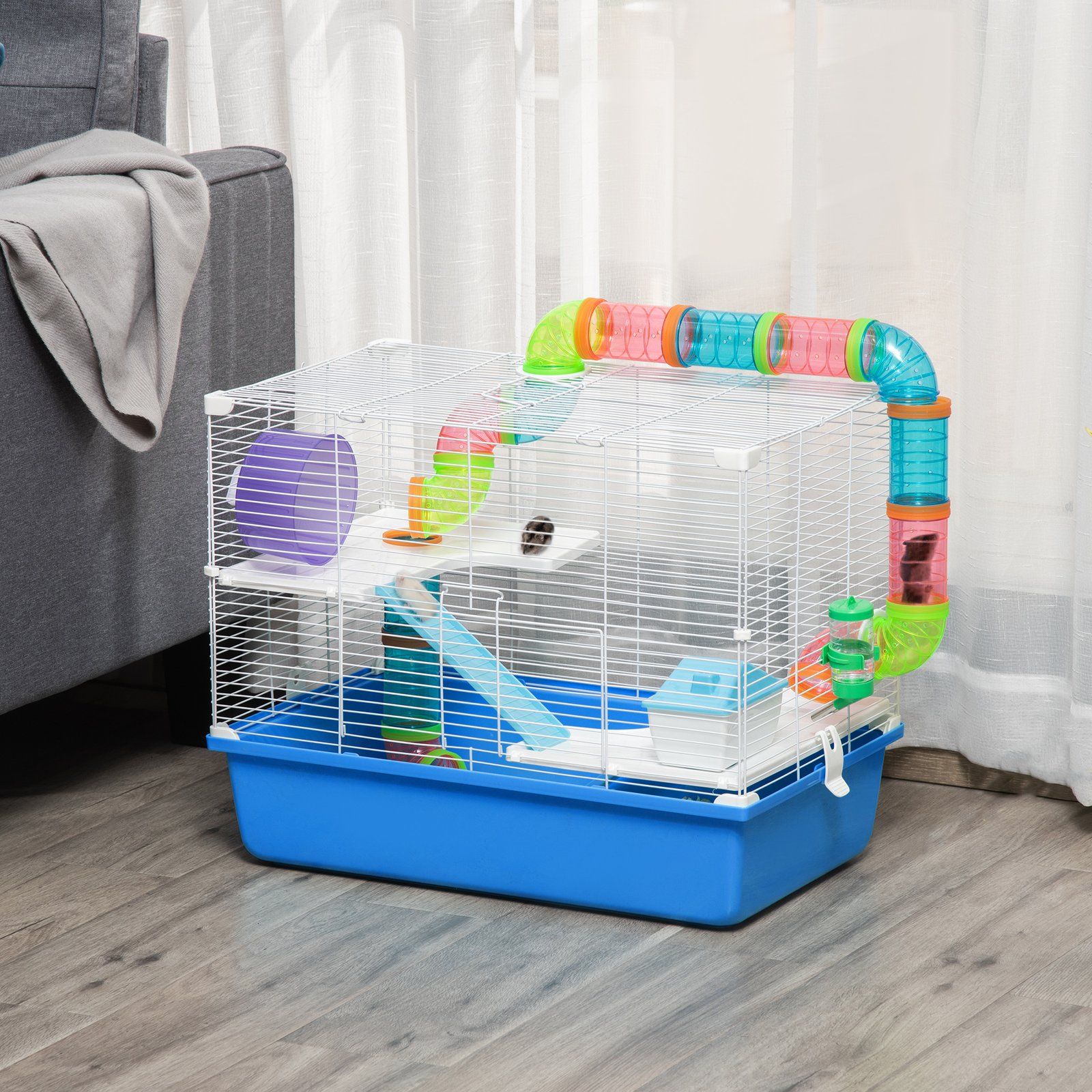 Hamster Cage, Gerbil Cage 3 Tier for Dwarf Hamster with Tube, Exercise Wheel, Water Bottle, Food Dish 59 x 36 x 47 cm- Blue - Image 9