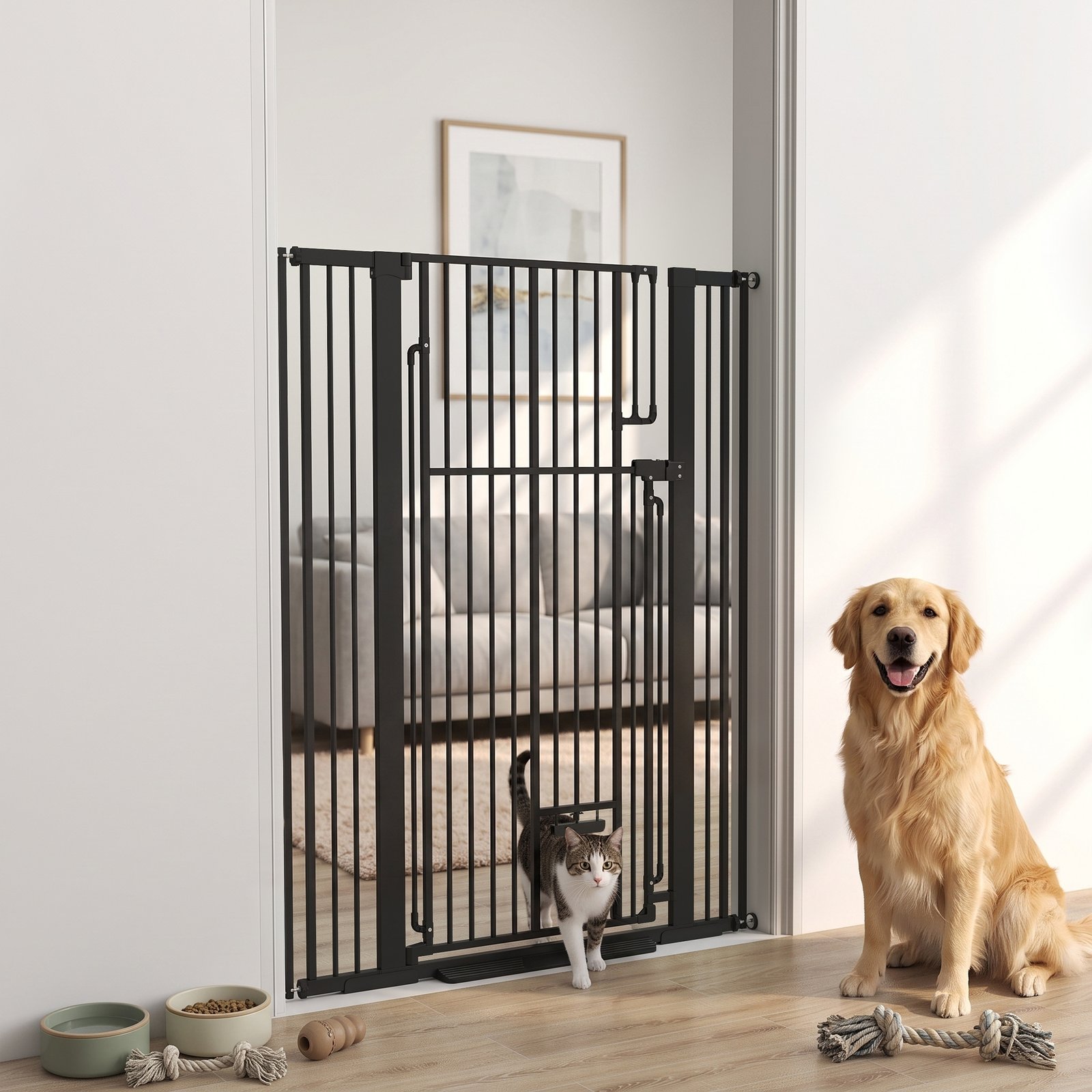 135cm Extra Tall Dog Gate with Cat Door, Fits Openings 81-108 cm Pressure Mounted for Doorways, Hallways, No Drilling