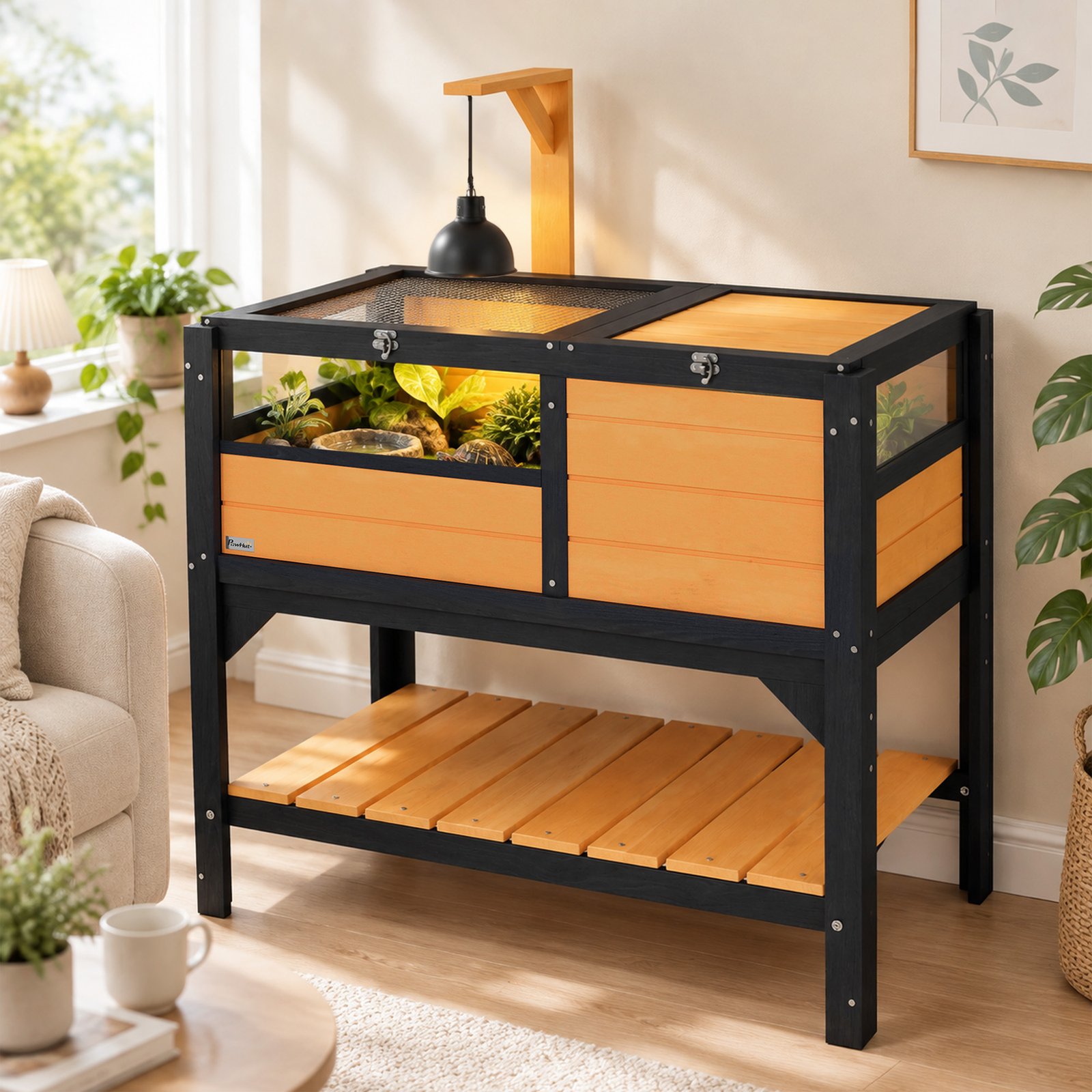 Wooden Tortoise House, with Shelter, Run, Shelf, Lamp Holder, Tray, Yellow