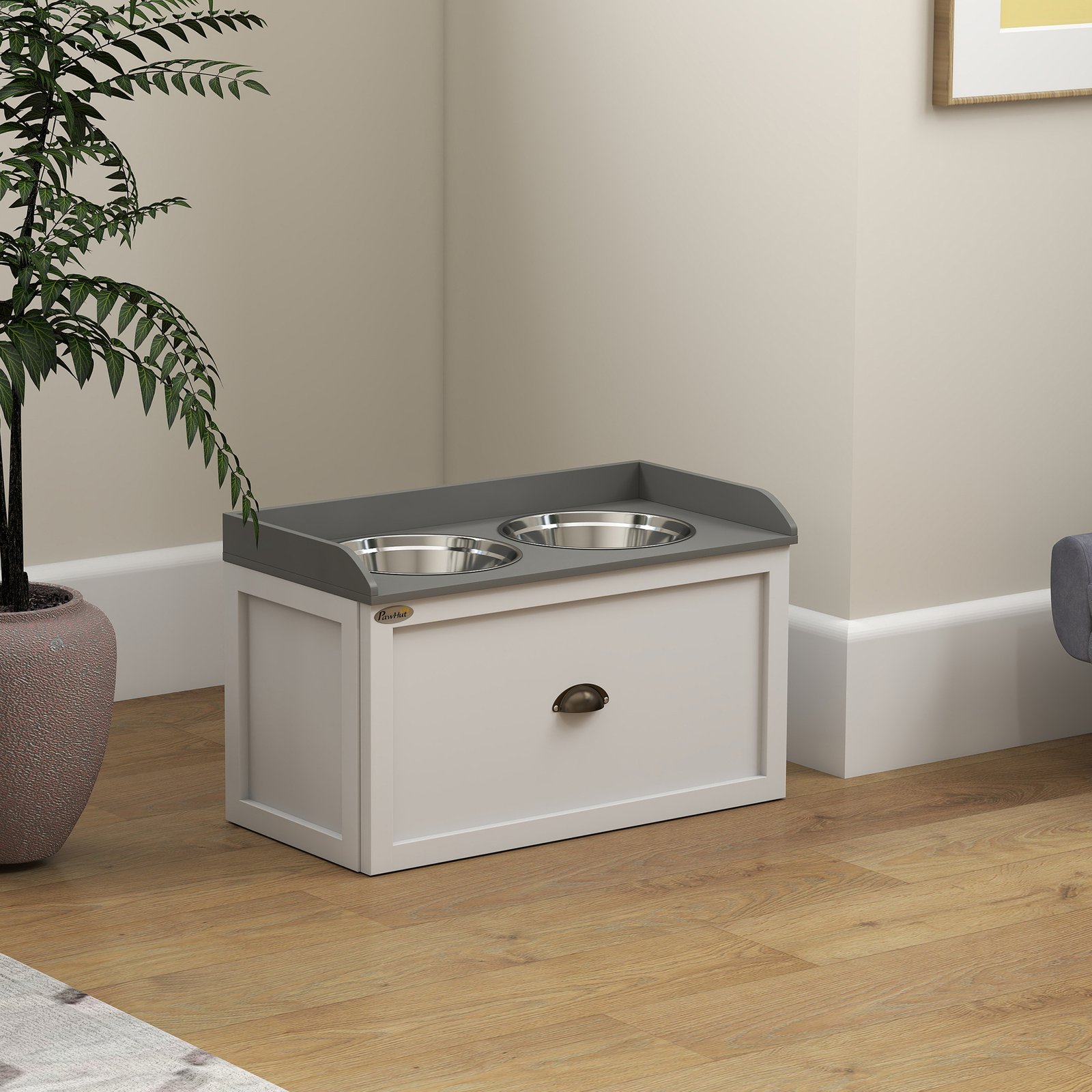 Stainless Steel Raised Dog Bowls, with 21L Storage Drawer for Large Dogs and Cats - White - Image 8