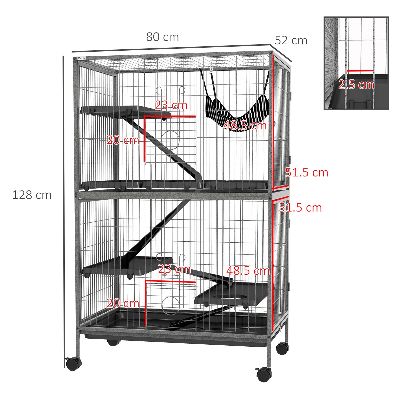 Small Animal Cage for Chinchilla Ferret Kitten on Wheels with Hammock Removable Tray, Grey - Image 3