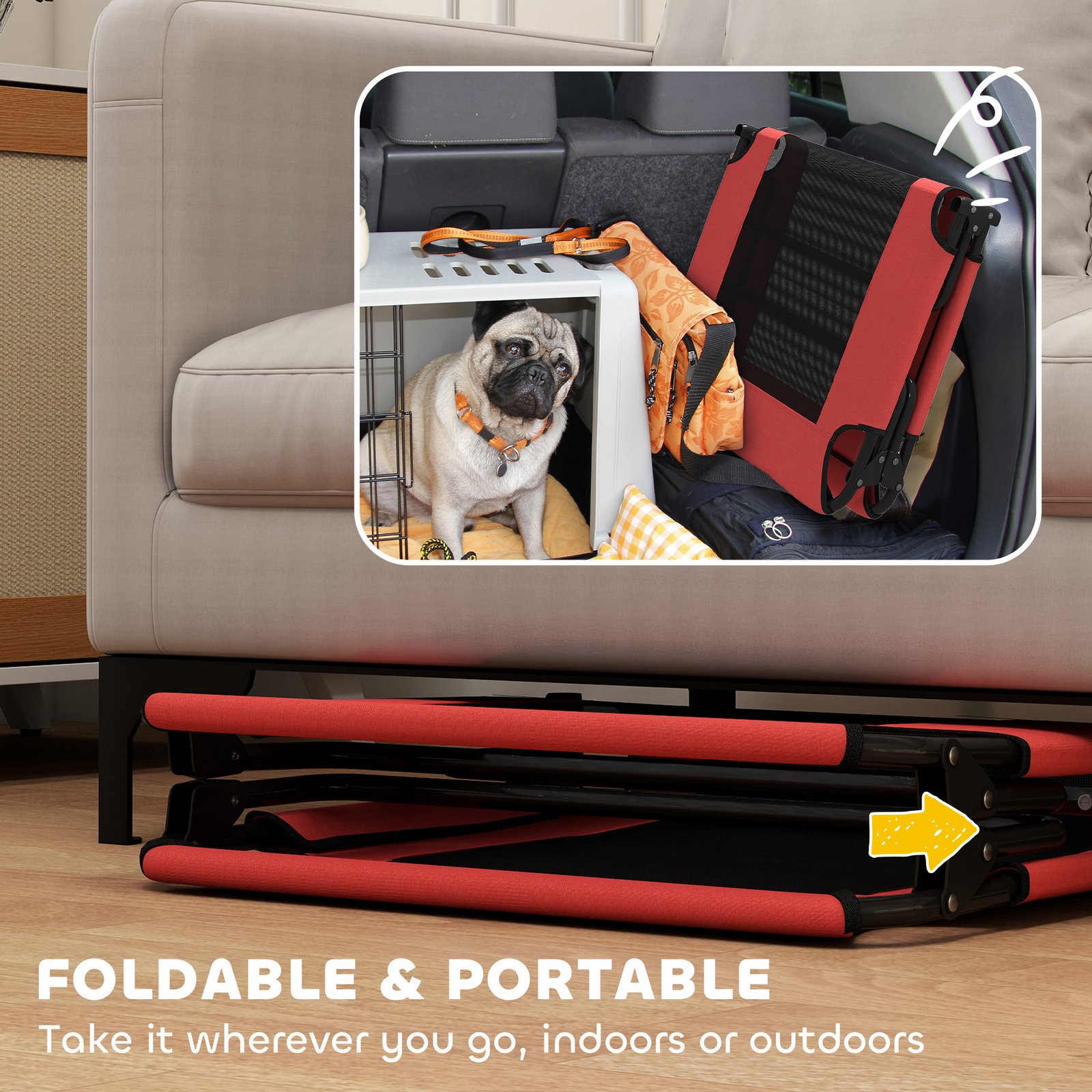 Portable Raised Dog Bed, Elevated Pet Cot with Breathable Mesh for Indoor Outdoor, for Large Dogs, Red
