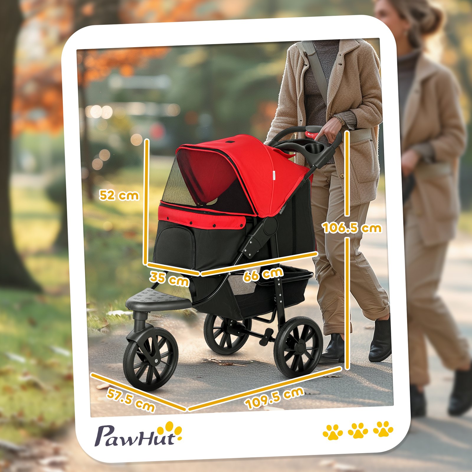 Dog Stroller Foldable Pet Pram for Small Miniature Breeds, Cats, 3 Wheels Dog Pushchair with Brake, Cupholder, Red - Image 4