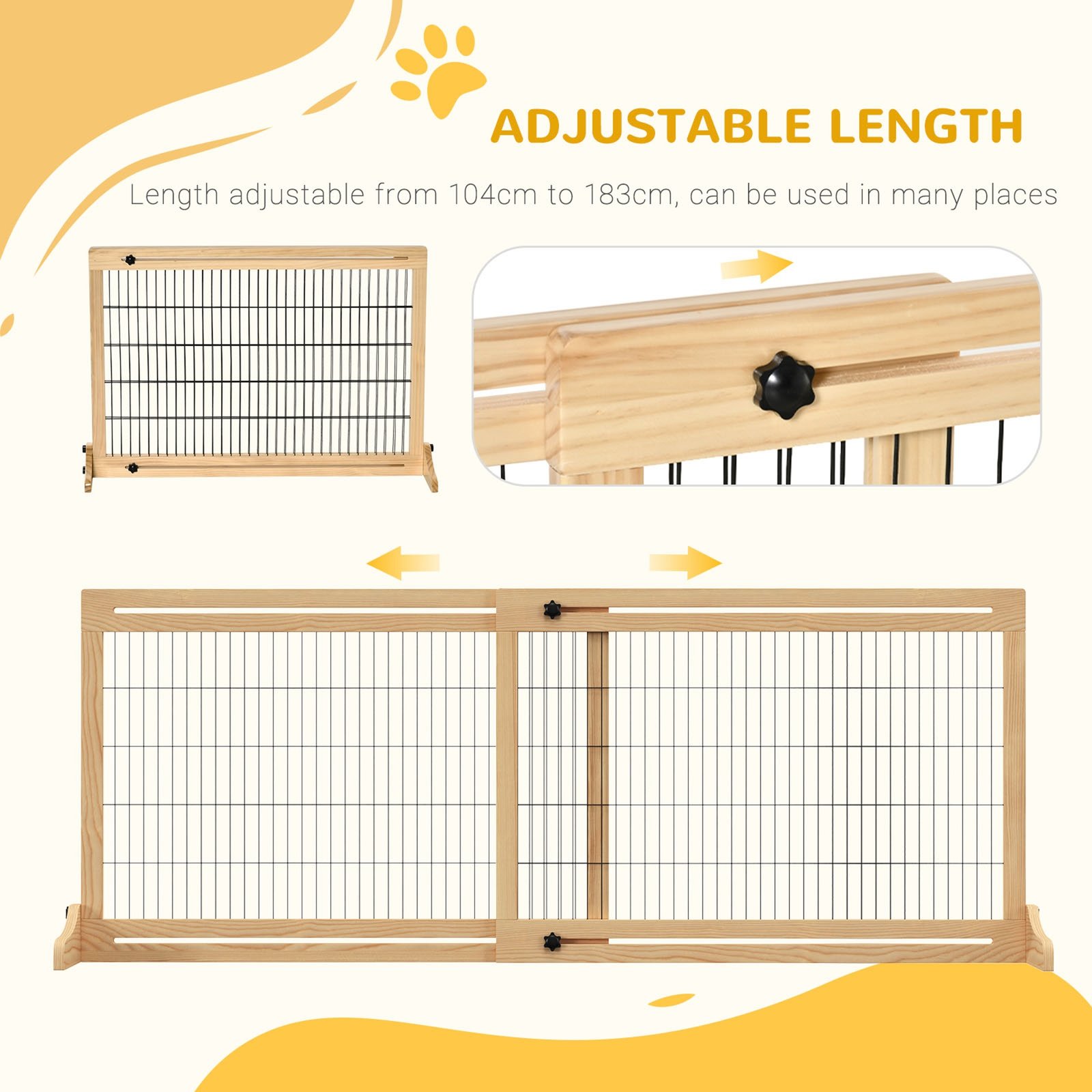 Freestanding Dog Gate, Foldable Pet Fence, Indoor Wood Barrier, Stair Gate with Support Feet, for Doorway, Hallway, Small and Medium Dogs, 69H x 104-180 cm, Natural Wood Finish