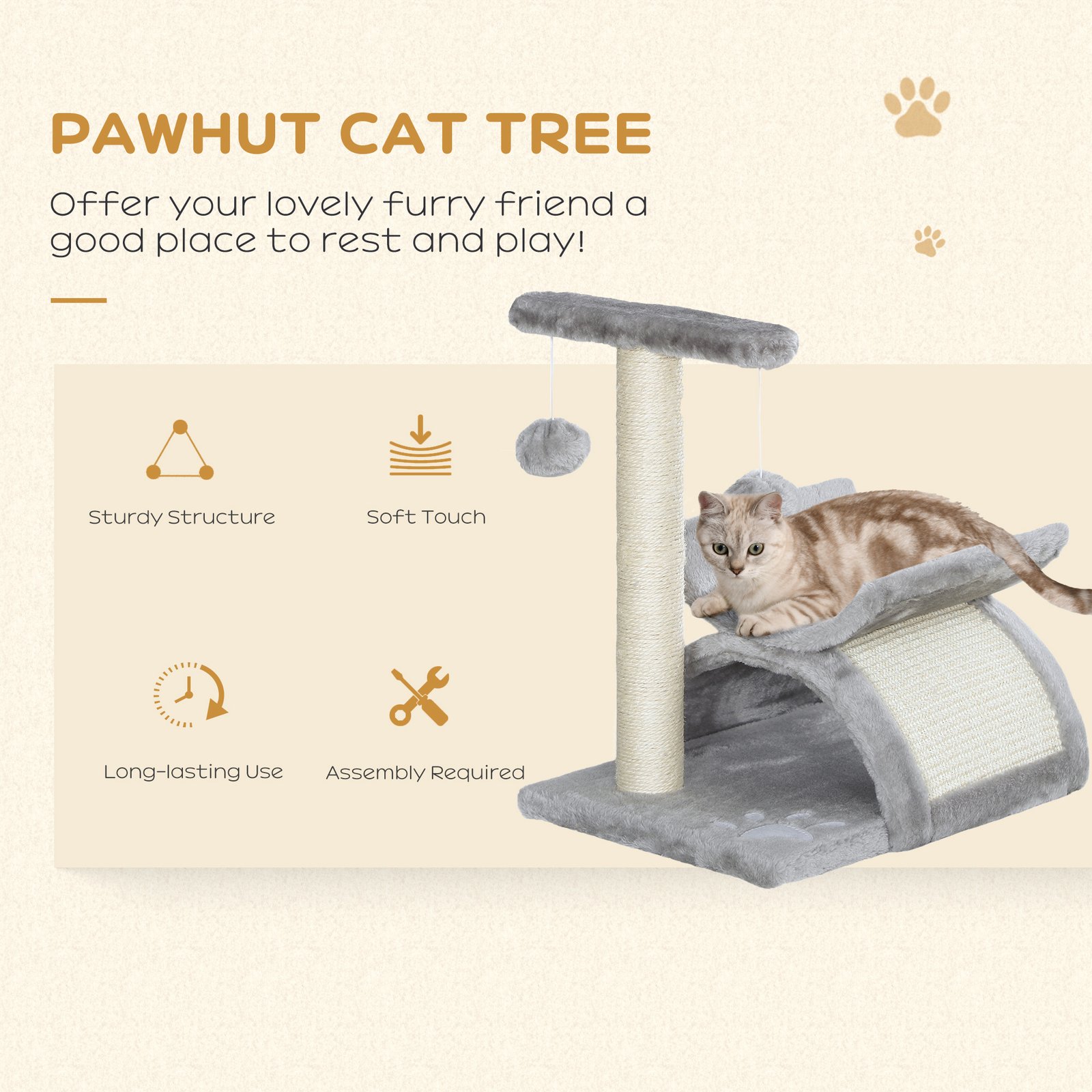Cat Tree, Cat Tower for Kittens with Rotatable Top Bar, Sisal Scratching Post, Tunnel, Dangling Balls - Grey