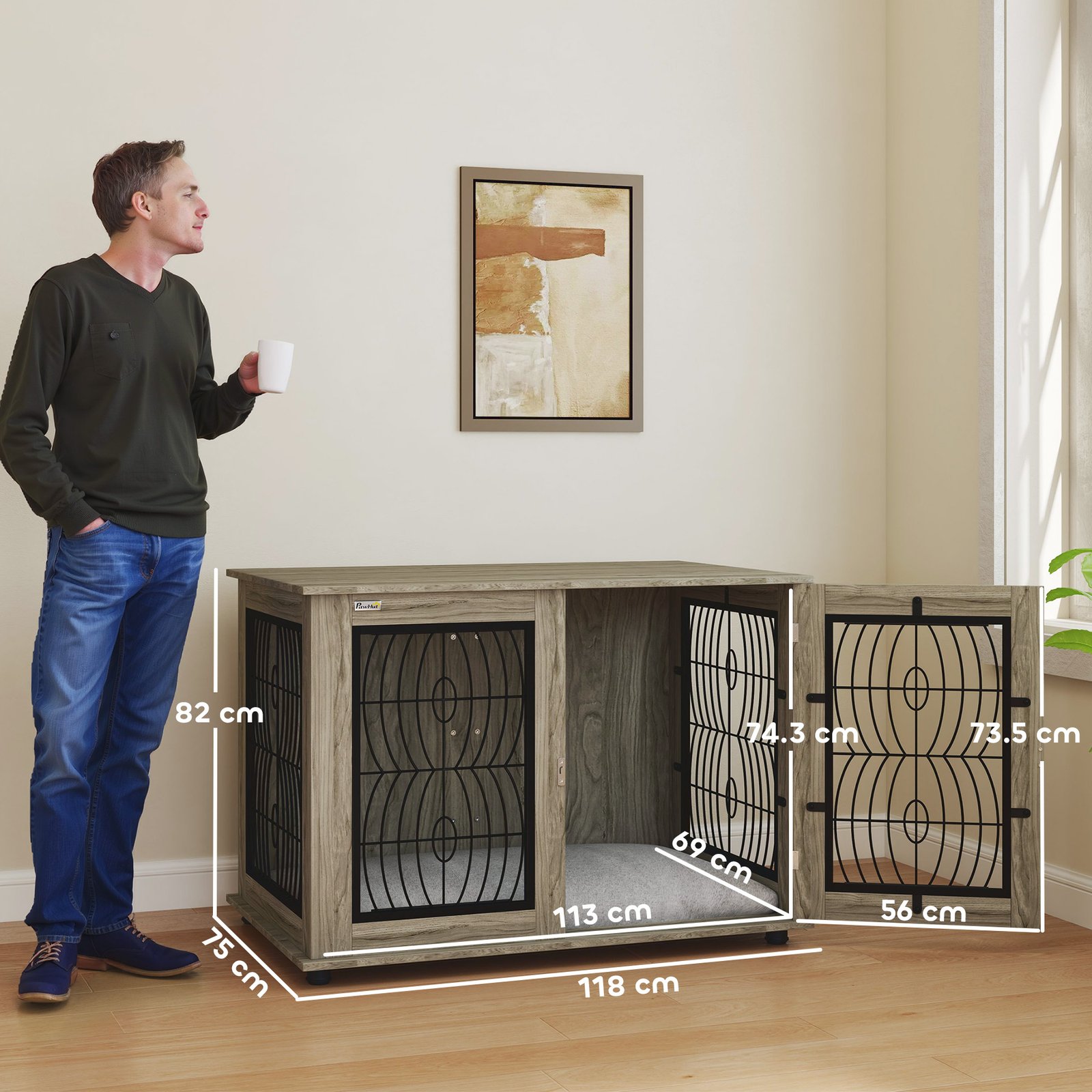 46.46'' Dog Crate Furniture Table with Soft Washable Cushion and Lockable Door, for Large Indoor Dogs, Grey - Image 2