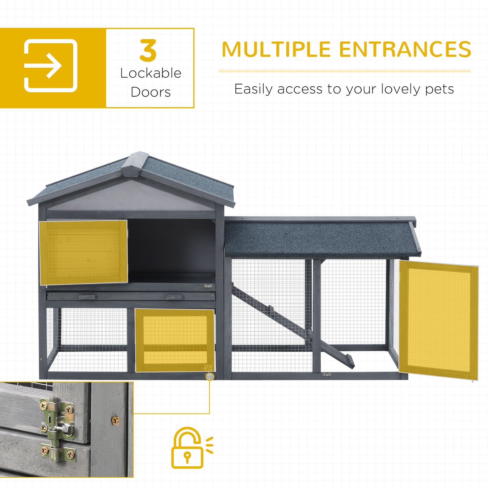 Wooden Rabbit Hutch Outdoor, Double Tier with Water-Resistant Roof, Ramp 147 x 54 x 84 cm, Grey - Image 4