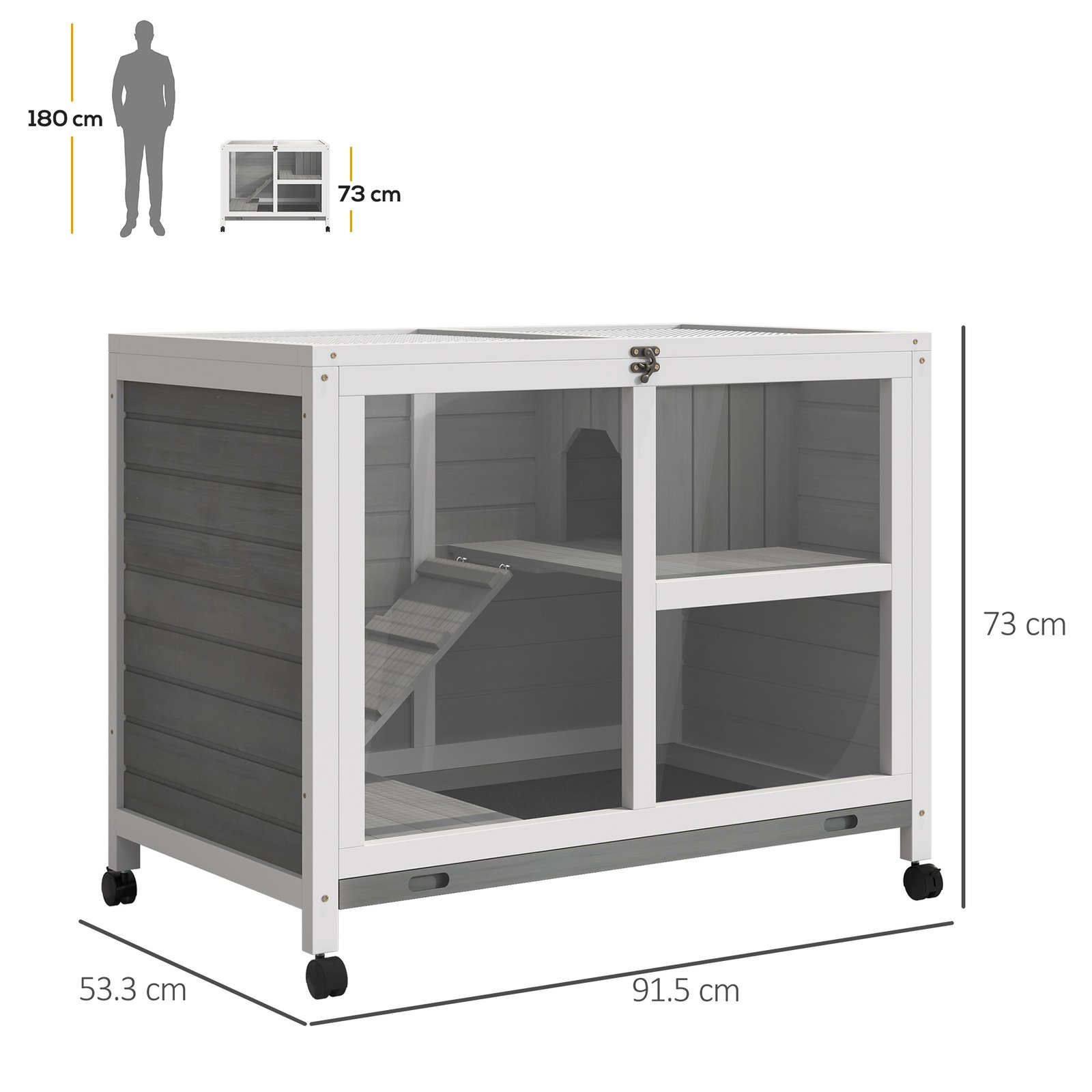 Wooden Rabbit Hutch Indoor with Wheels, Openable Roof, 91.5 x 53.3 x 73 cm, Grey