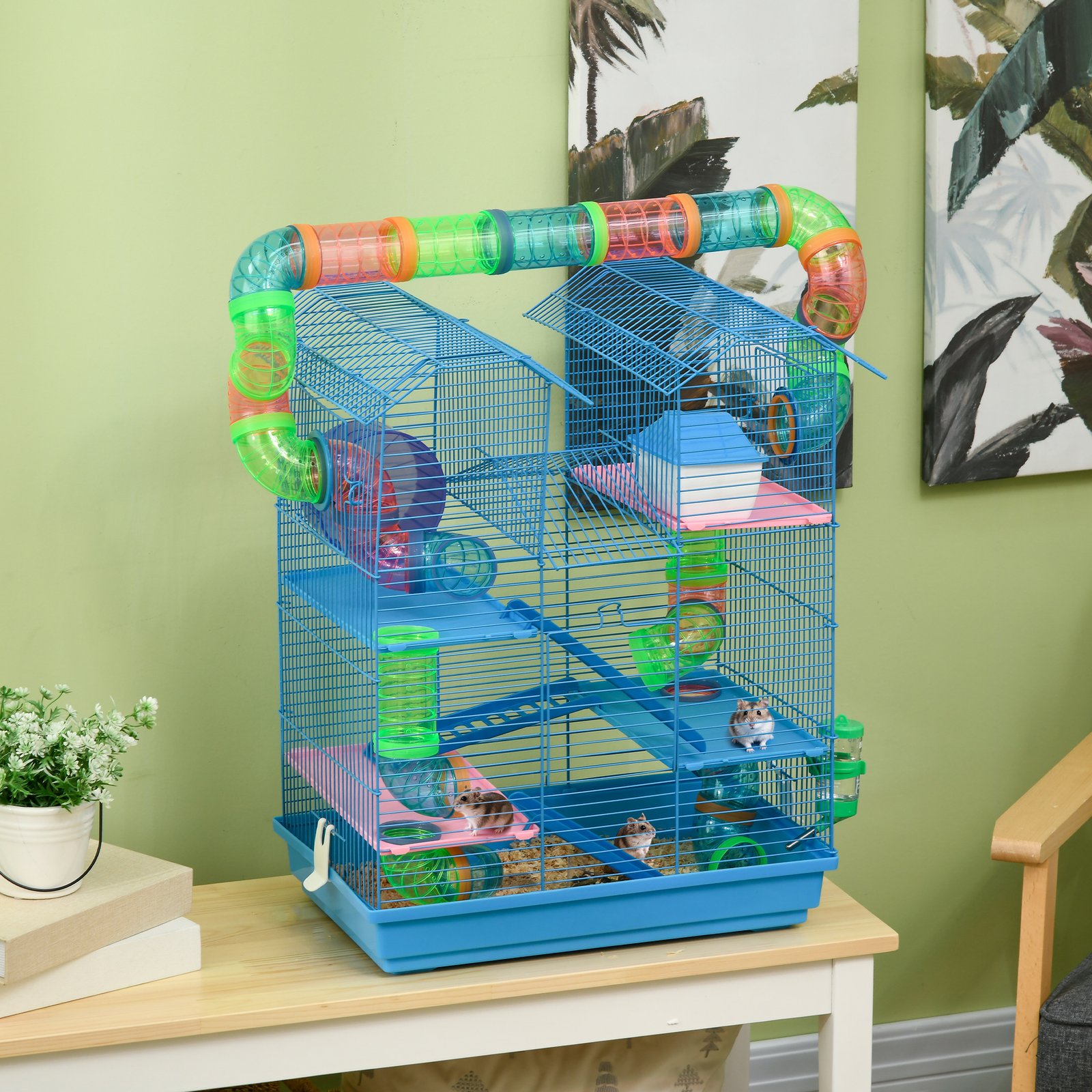 Hamster Cage, 5 Tier Carrier Habitat with Exercise Wheels Tunnel Tube Water Bottle Dishes House Ladder, Gerbil Cage for Dwarf Mice, Blue