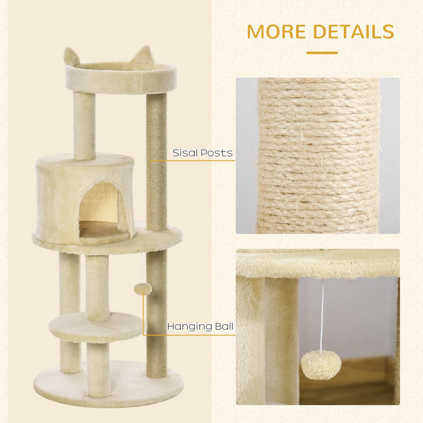 104 cm Cat Tree, Cat Condo Tree Tower, Cat Activity Centre with Scratching Posts, Plush Perches, Hanging Ball - Cream White