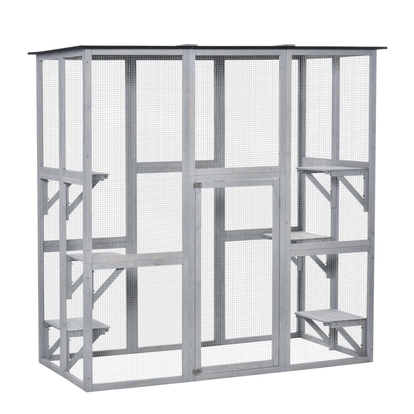 Wooden Catio Cat Outdoor Enclosure, Cat Cage with Waterproof Roof, Platforms, for Multiple Kittens, 180 x 98 x 180 cm