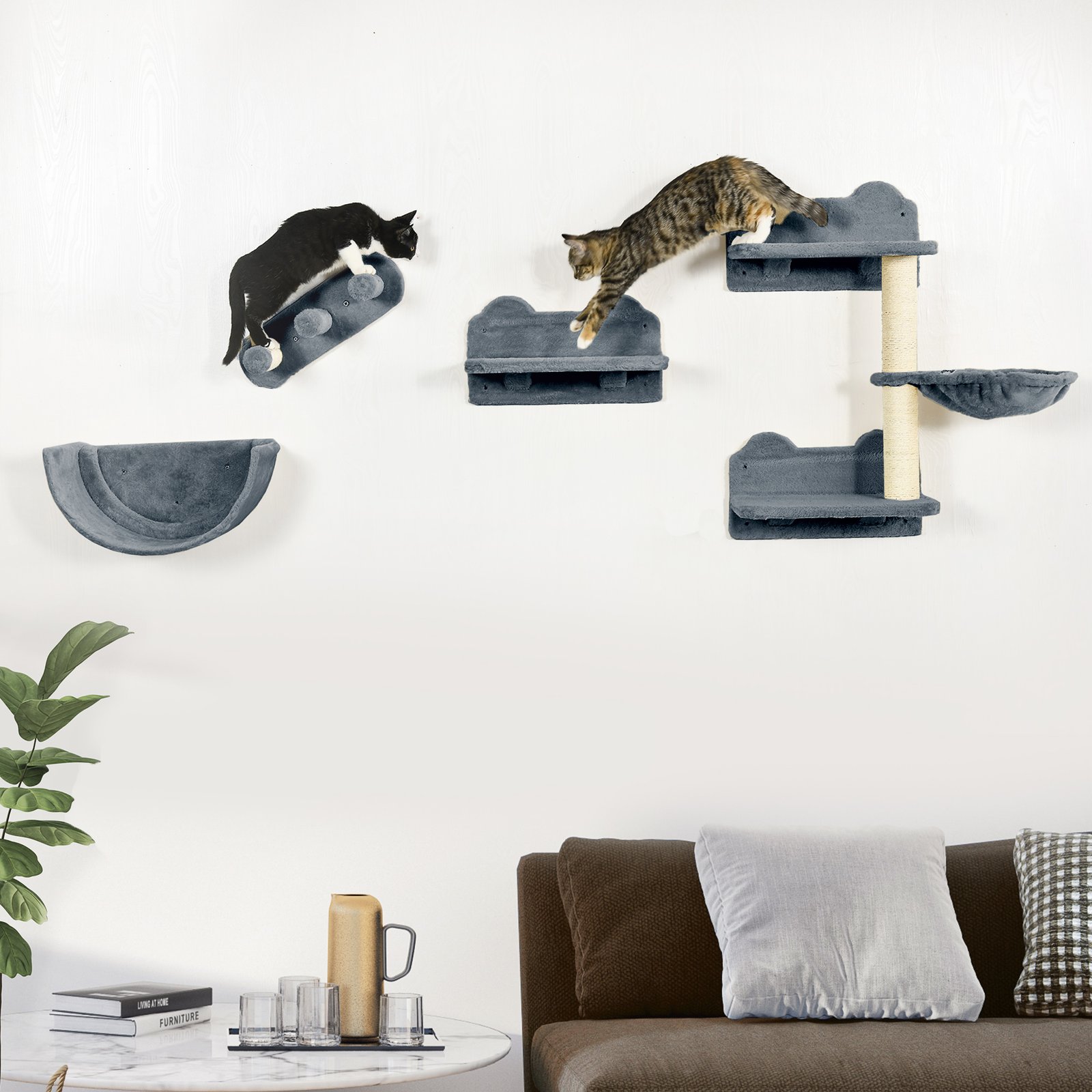 4PCs Wall-Mounted Cat Shelves w/ Scratching Post, Hammock, Nest - Grey - Image 9