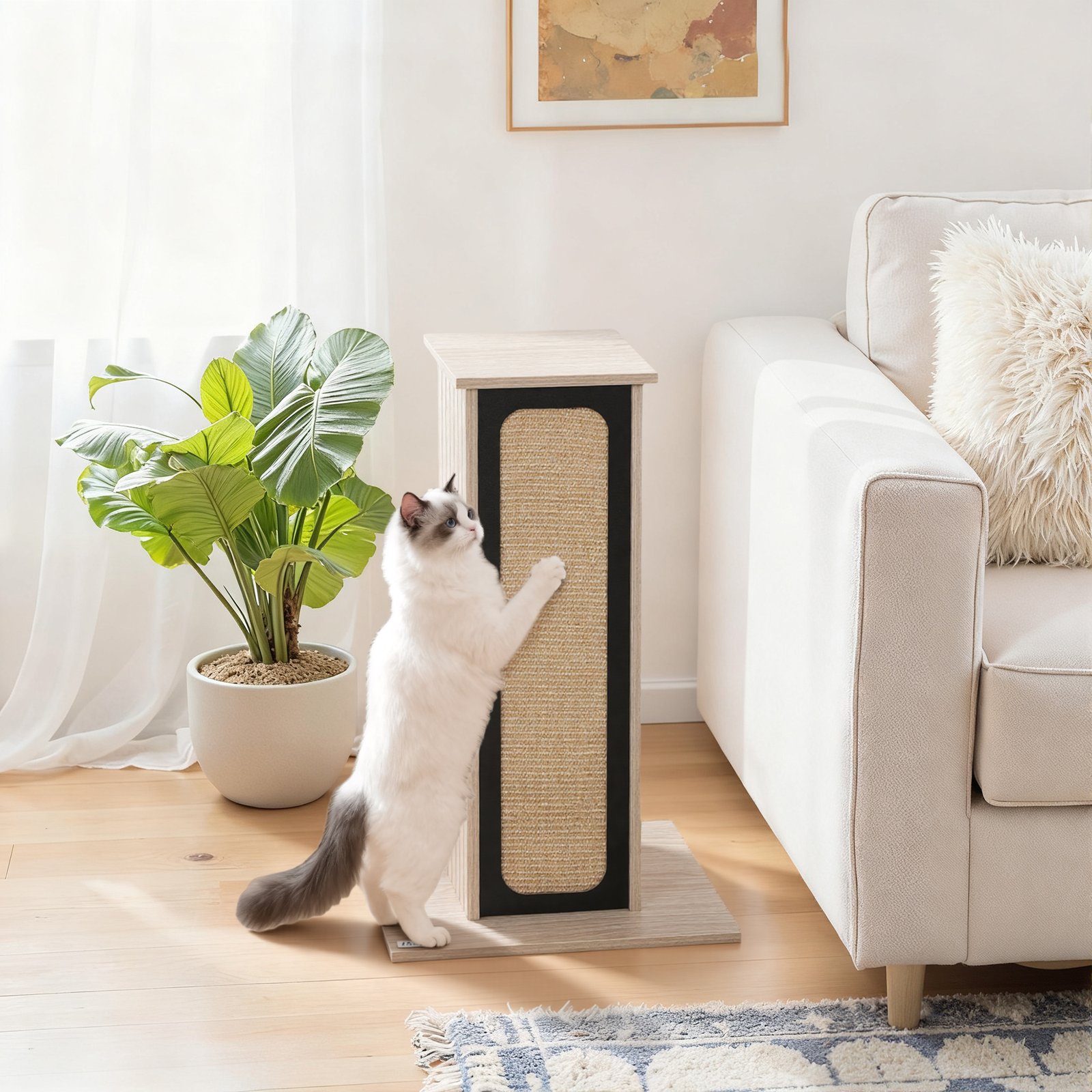 63cm Cat Scratching Post, Cat Scratcher with Replaceable Scratching Board, Top Perch, Sisal Scratch Mat, Oak - Image 8