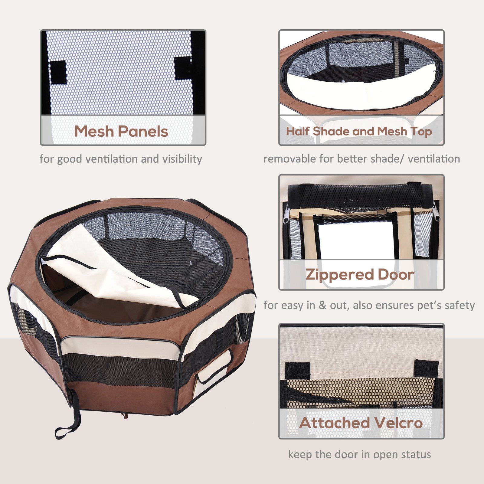 600D Oxford Soft Fabric Kennel, Portable Lightweight Cat Dog Playpen, Foldable Pet Puppy Rabbit Guinea Pig Pen Run Dia 90 x 41H cm Indoor & Outdoor Brown