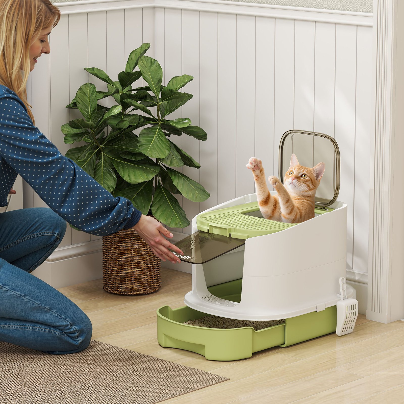 Cat Litter Box with Lid, Scoop, Deodorisation Bags, Top Entry, Green