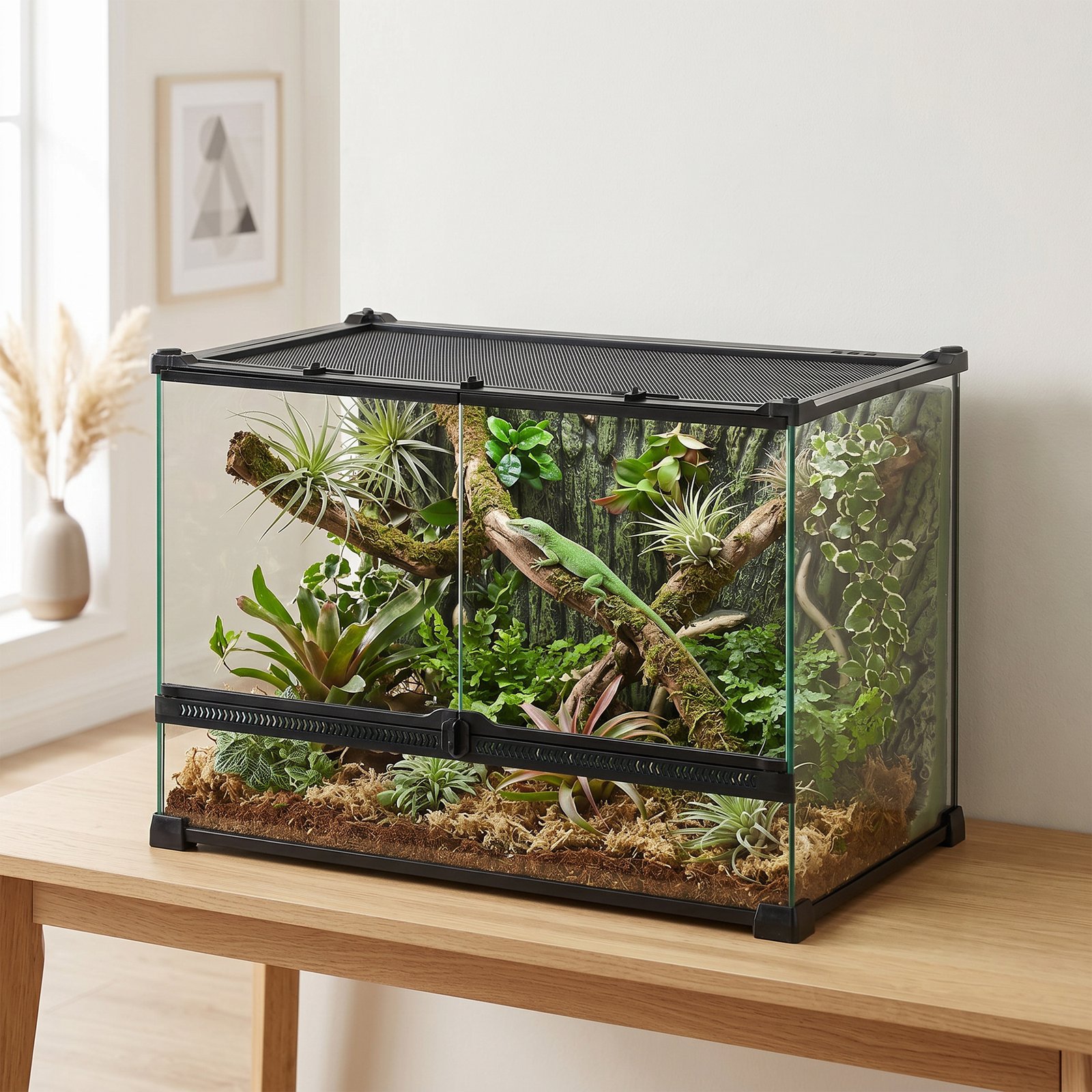 Reptile Glass Terrarium with Stone Background, Front Ventilation, Escape-Proof Knob Lock, 50 x 30 x 35 cm, Black - Image 7