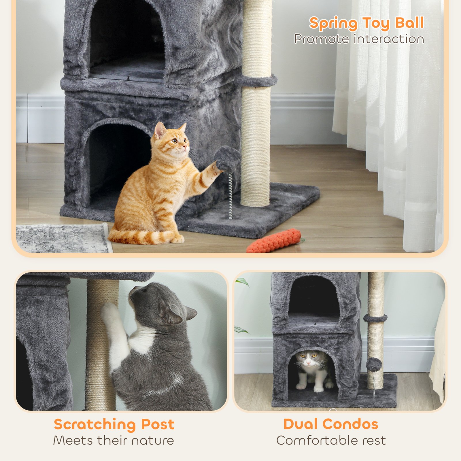 66 cm Small Cat Tree for Large Cats, Cat Tower w/ Large Top Perch, 2 Condos, Sisal Scratching Post, Toy Ball, Dark Grey