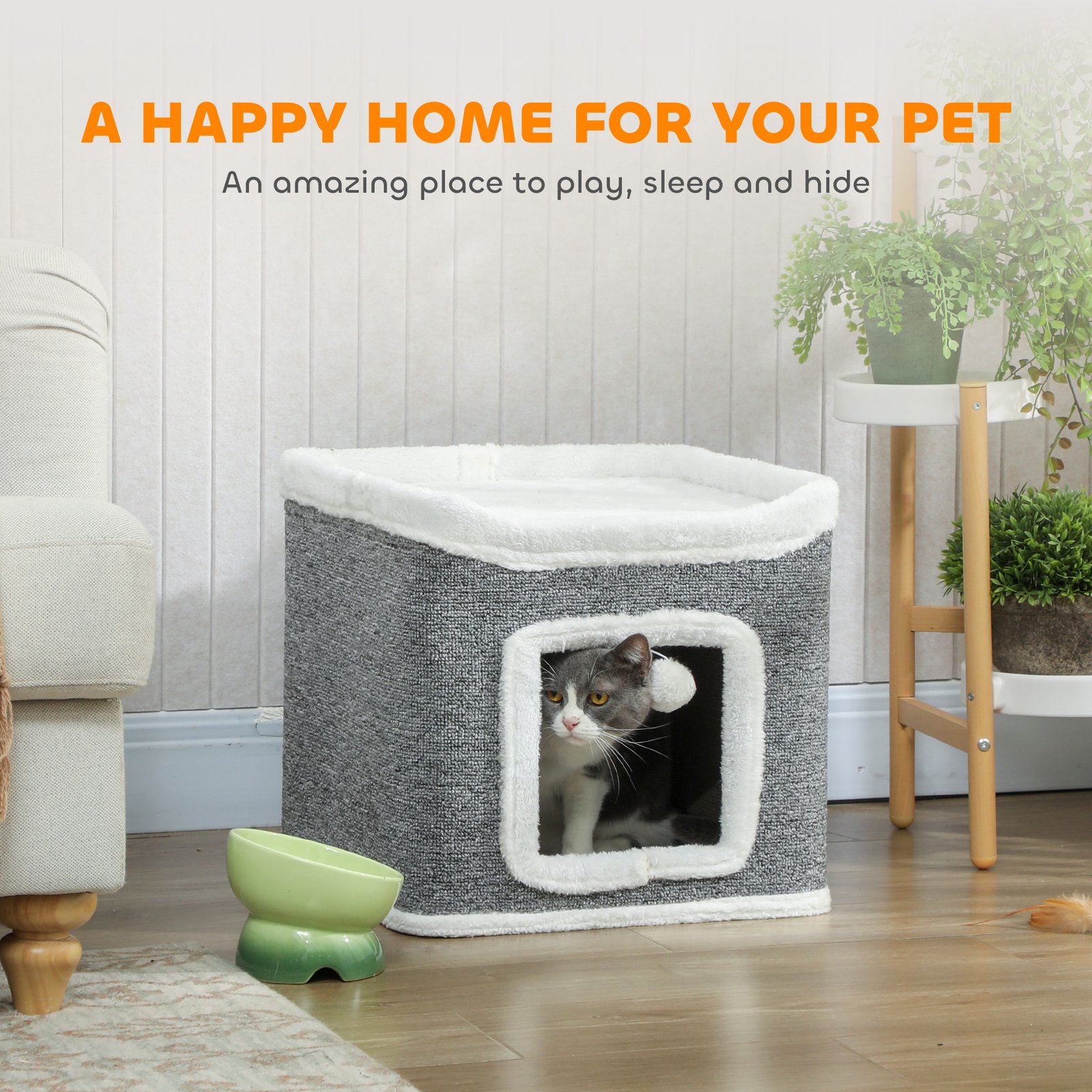 Cat House for Indoor Kittens, 2-Level Cat Cave Bed with Fluffy Balls, Top Bed, Kitten Barrel for Multi Kitties, Grey - Image 4