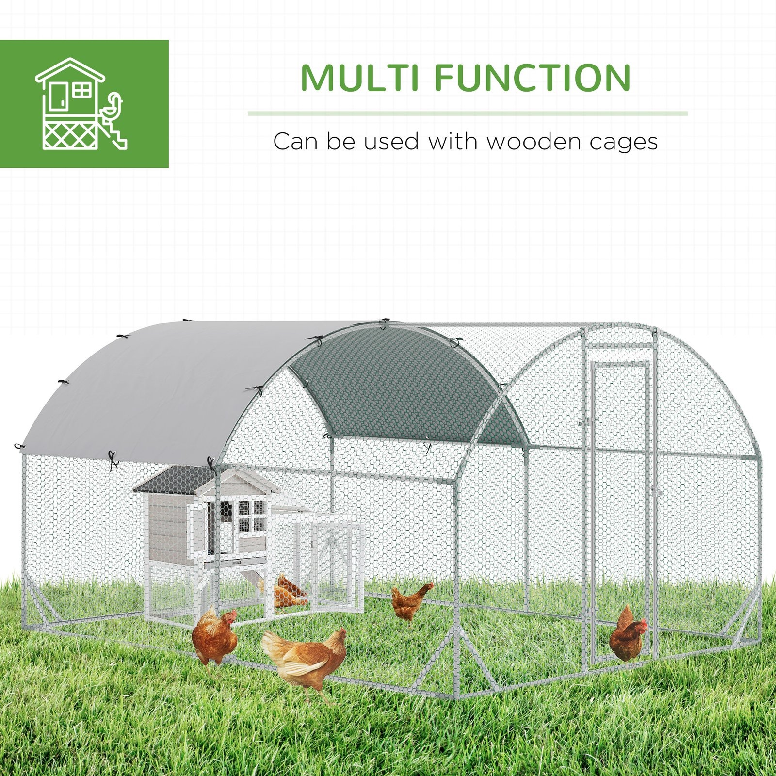2.8 x 3.8 x 2m Walk In Chicken Run Galvanised Chicken Coop with Water-Resist Cover, Silver