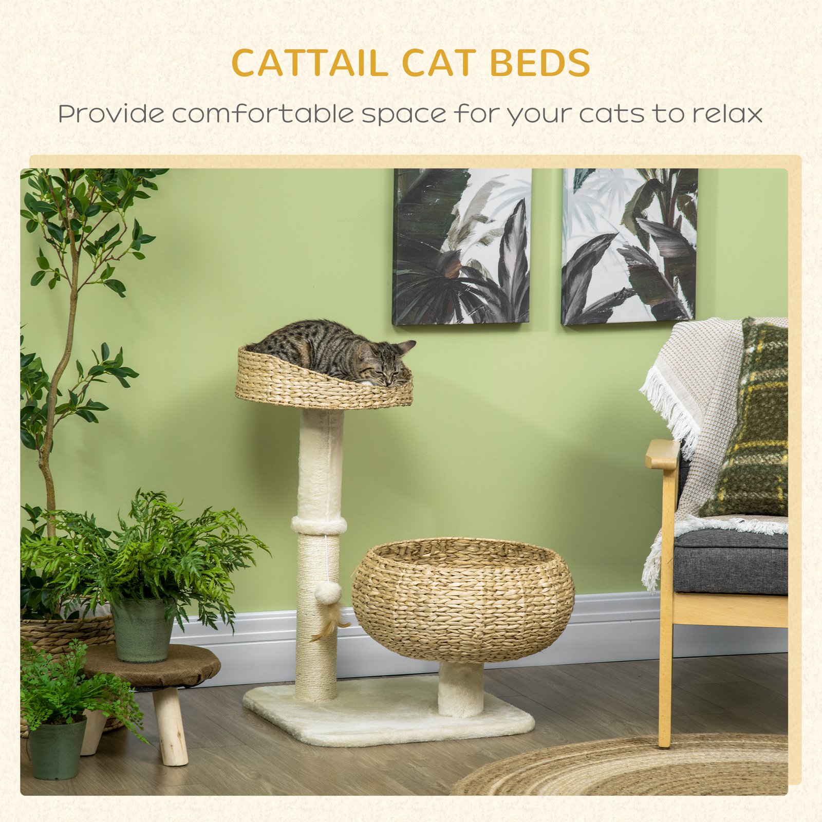 72cm Cat Tree Kitten Tower, with Sisal Scratching Post, Two Beds, Toy Ball - Image 4