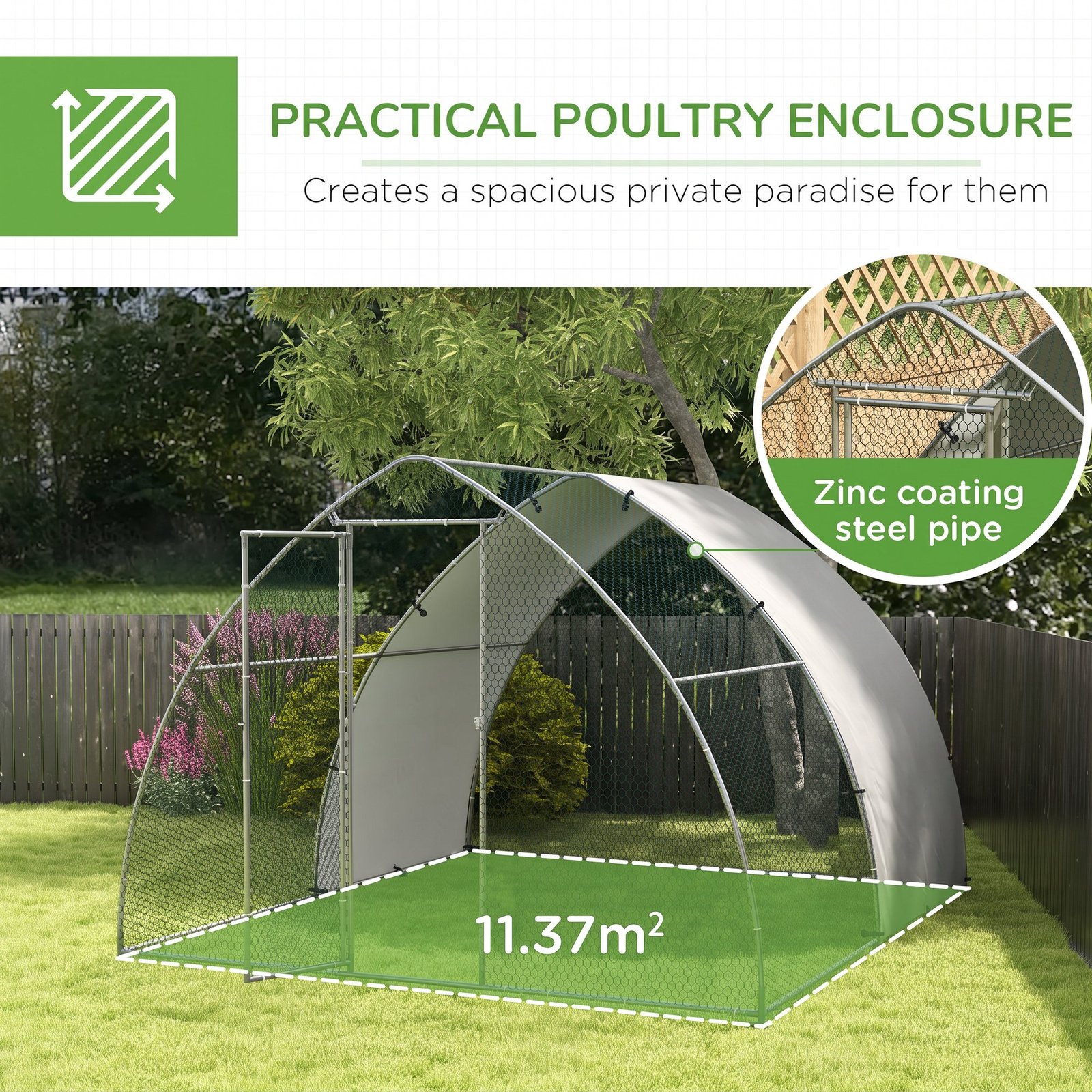 Galvanised Outdoor Chicken Coop, with Cover, for 8-12 Chickens, Hens, Ducks, Rabbits, 3 x 3.8 x 2.2m - Silver Tone