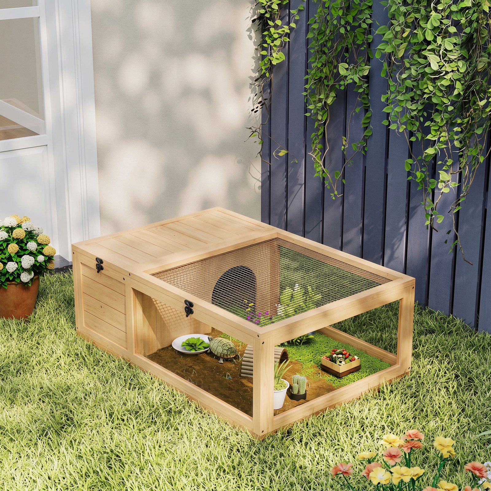 Tortoise House, Small Reptile Wooden House, with Mesh Roofs, Side Panels, for Turtles