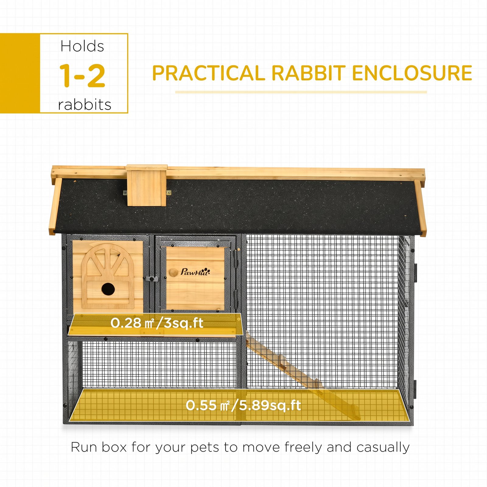 Outdoor Rabbit Hutch, with Run, Removable Tray, Asphalt Roof, 120 x 55.5 x 80cm