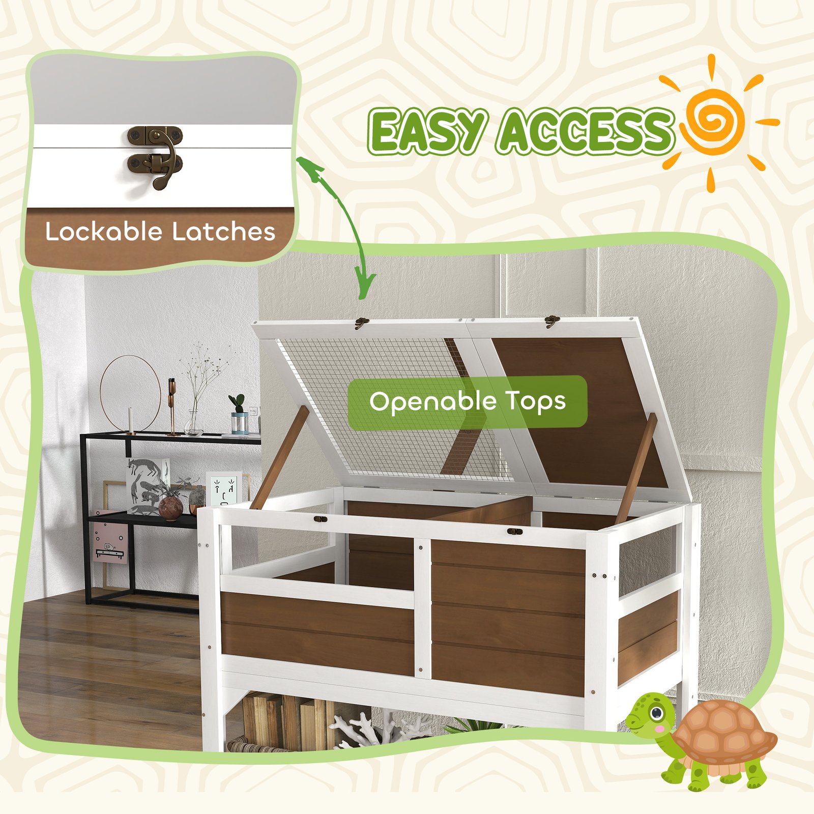 Wooden Tortoise House, with Shelter, Run, Shelf, Lamp Holder, Tray - Brown