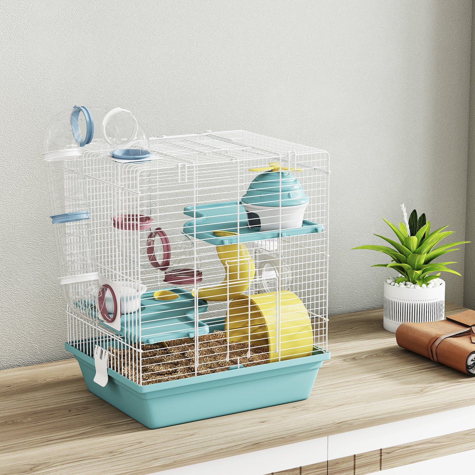 3-Level Hamster Cage with Exercise Wheel, Water Bottle, Food Bowl, for Dwarf Hamsters, 34.5 x 27.5 x 41 cm, Blue