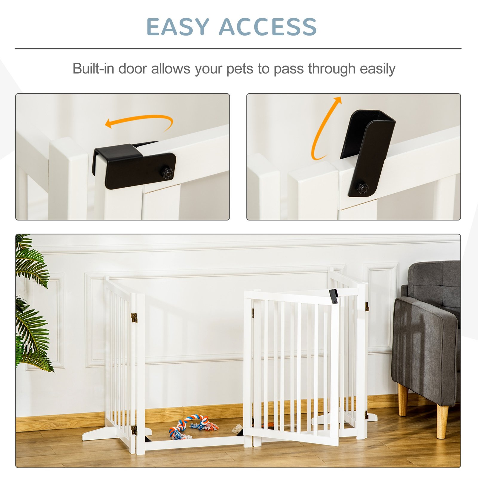 Wooden Dog Gate, Dog Fence Indoor, 80 cm Tall Freestanding Pet Gate for Small and Medium Dogs with 4 Panels, 2 Support Feet, White