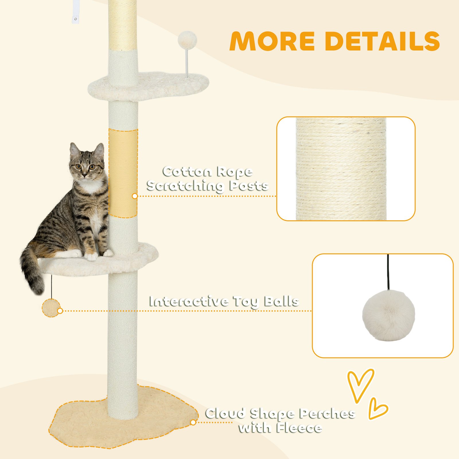 225-255 cm Adjustable Cat Climbing Tower with Sisal Scratching Posts, 2 Hanging Play Balls and Anti-Tip Strap, Beige