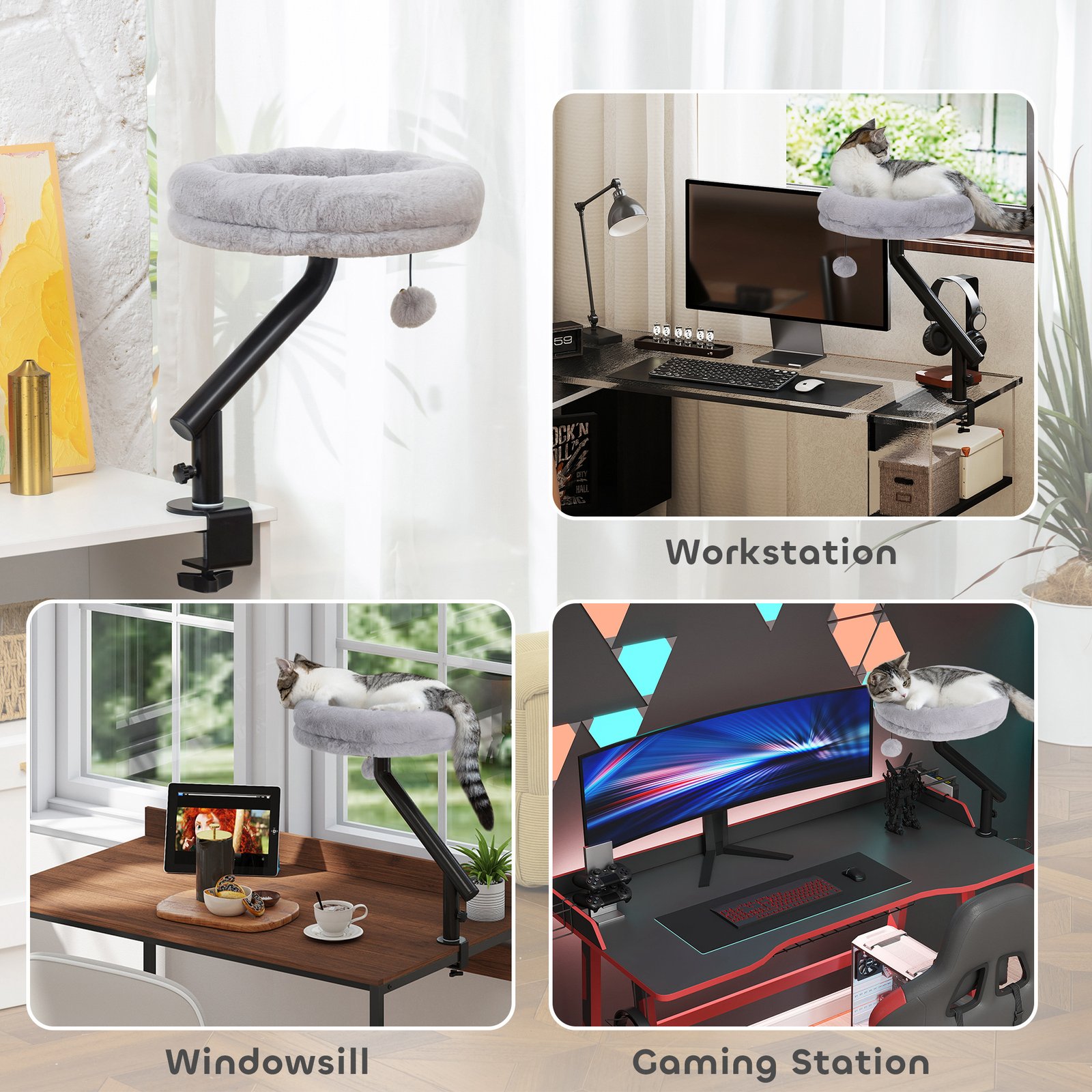 Cat Desk Bed, Cat Hammock 360° Rotatable Adjustable for Window, Table, Work, Grey