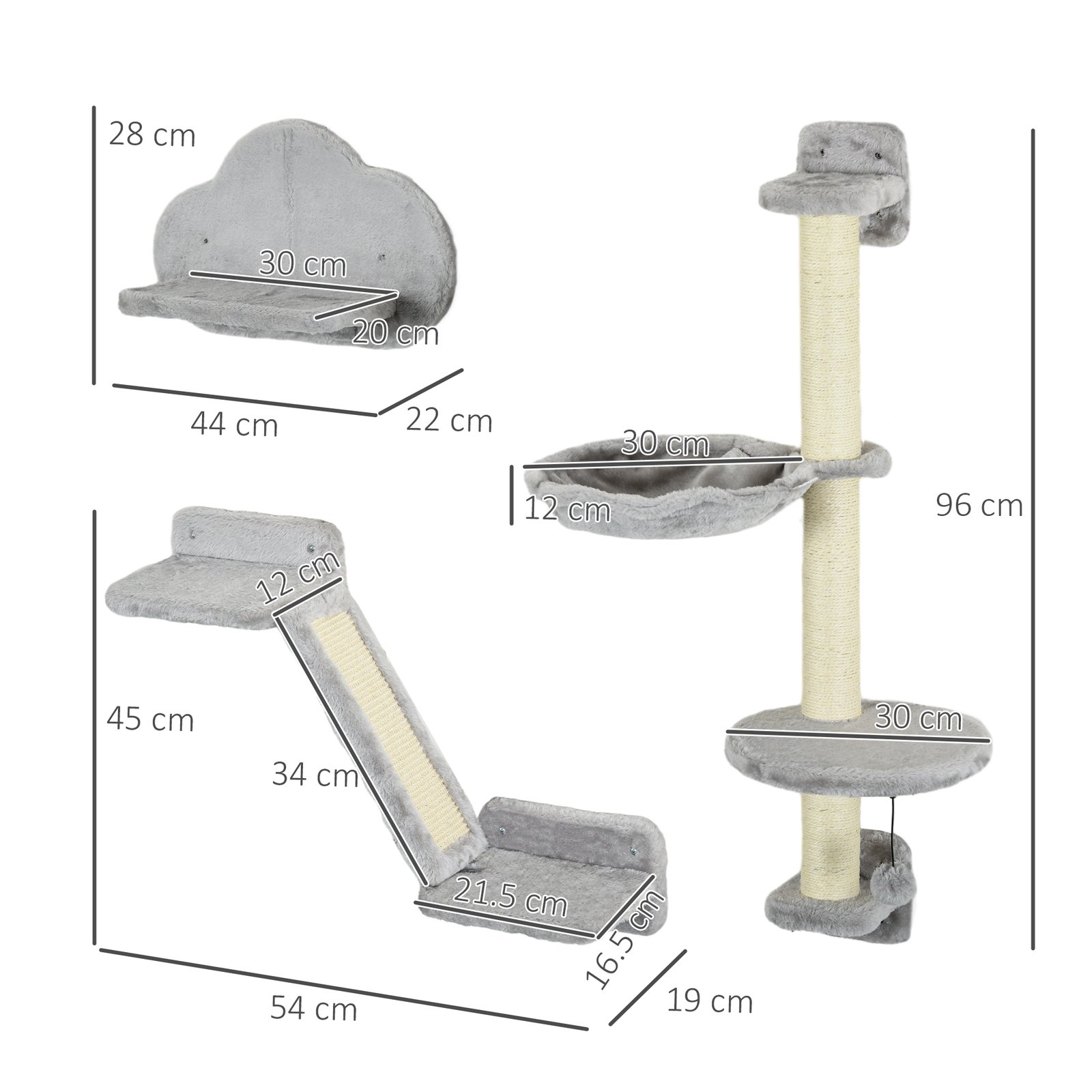 Three-Piece Wall-Mounted Cat Shelves, with Hammock, Ladder, Platforms, Scratching Post - Grey - Image 3