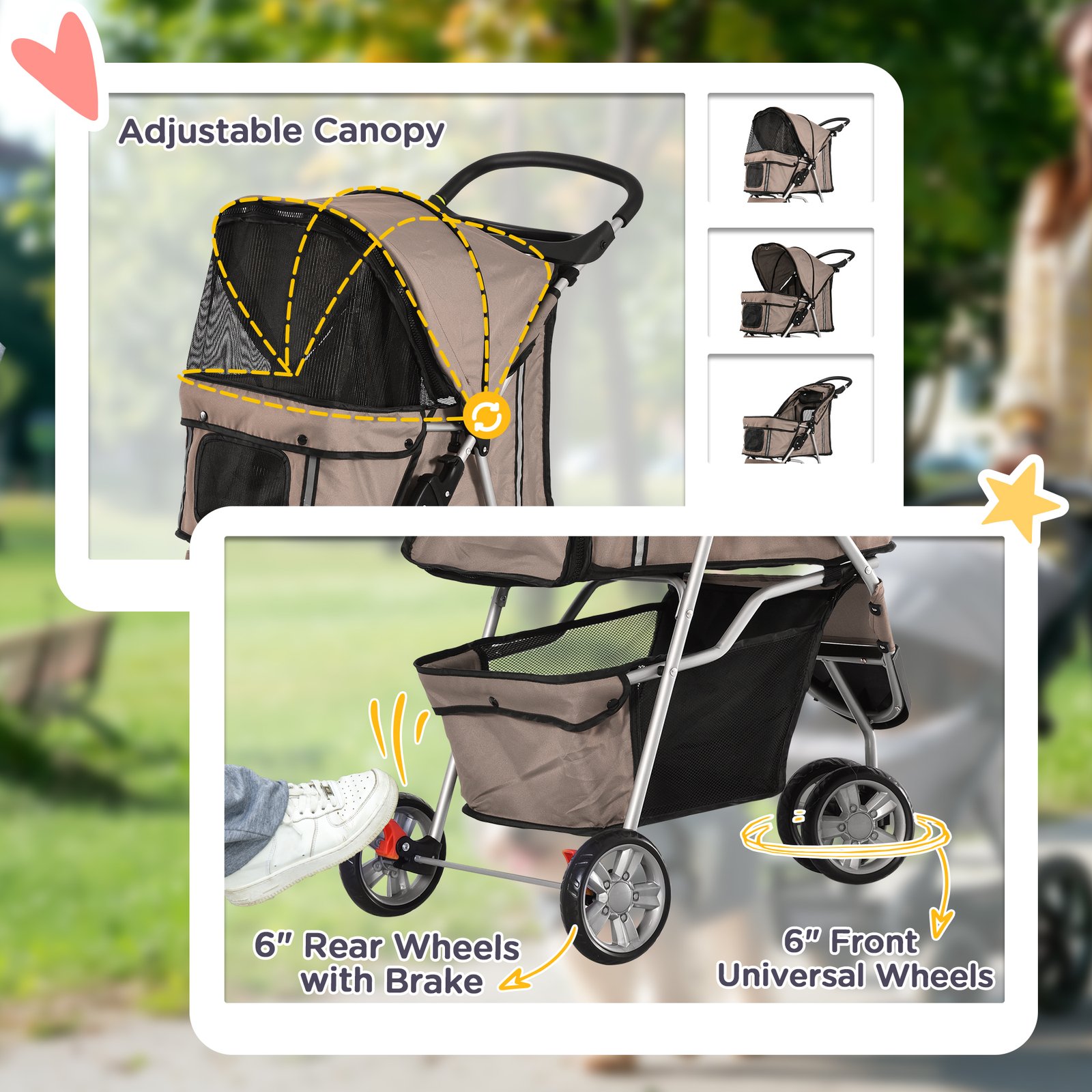 3 Wheel Pet Stroller for Small and Miniature Dogs, Brown - Image 6