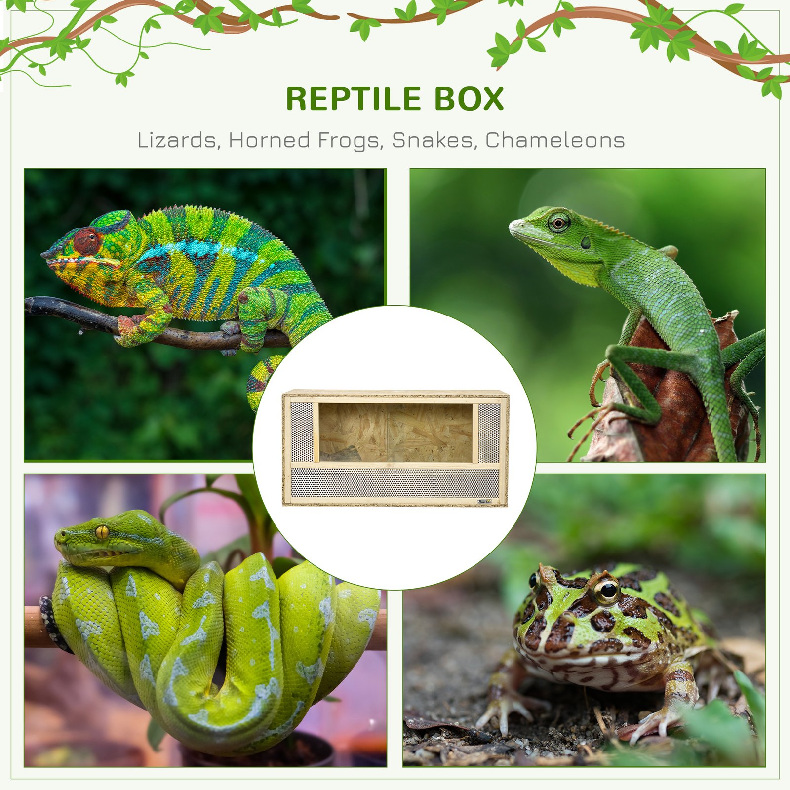 Reptile Terrarium Vivarium Habitat w/ Transparent Sliding Doors, Breathable Mesh, for Lizards, Horned Frogs, Snakes and Chameleons, 80 x 40 x 40 cm