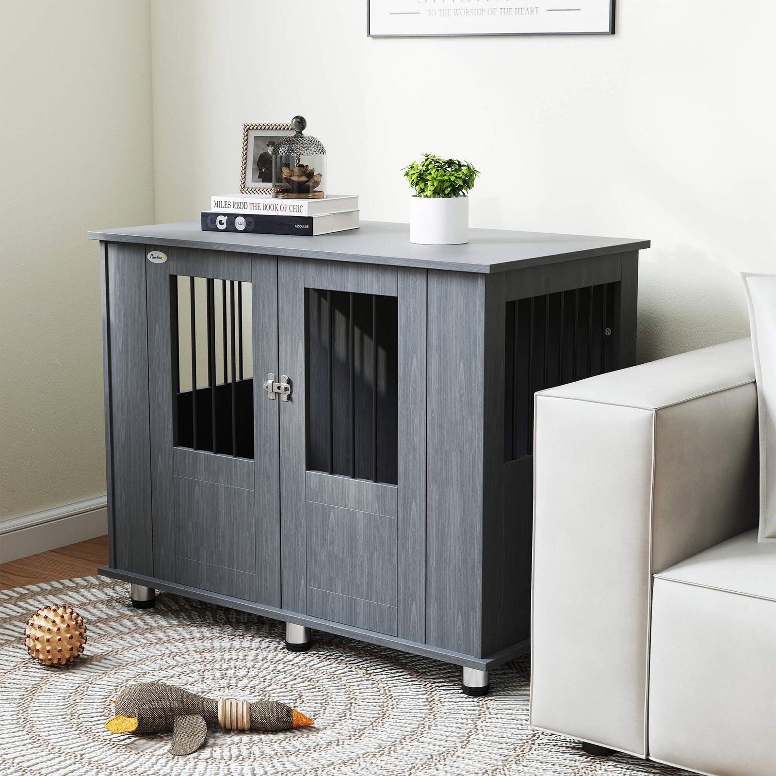 Dog Crate Table for Medium and Large Dogs with Magnetic Door for Indoor Use, 95 x 55 x 75 cm, Grey - Image 9