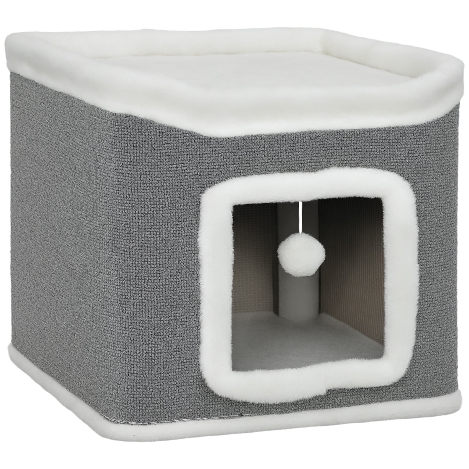 Cat House for Indoor Kittens, 2-Level Cat Cave Bed with Fluffy Balls, Top Bed, Kitten Barrel for Multi Kitties, Grey