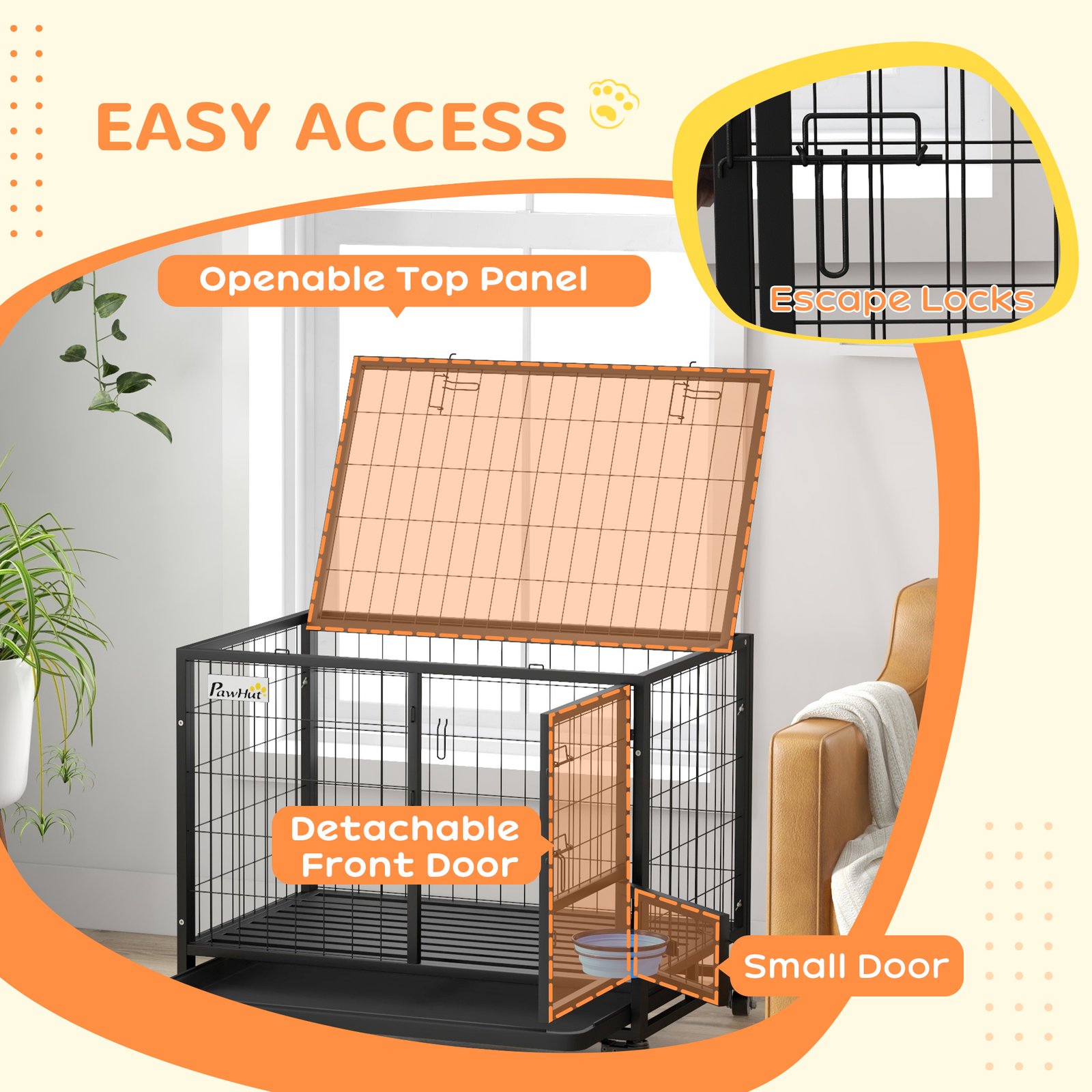 Heavy Duty Dog Crate on Wheels w/ Bowl Holder, Removable Tray, Openable Top, Detachable Door, for M, L Dogs - Image 6