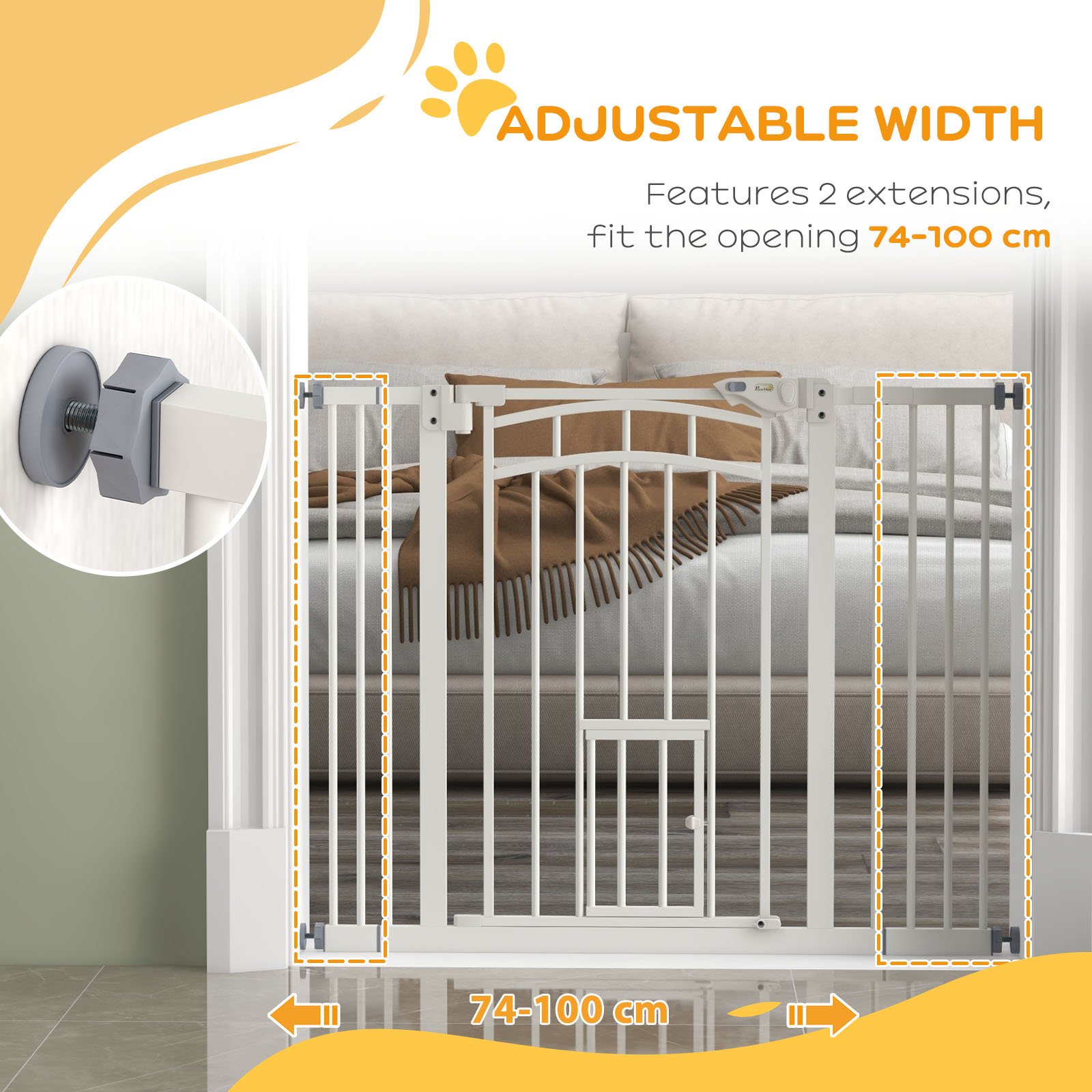 Pressure Fit Stair Dog Gate w/ Small Cat Door, Automatic Closing Door, Double Locking, for 74-100cm Openings - White - Image 7