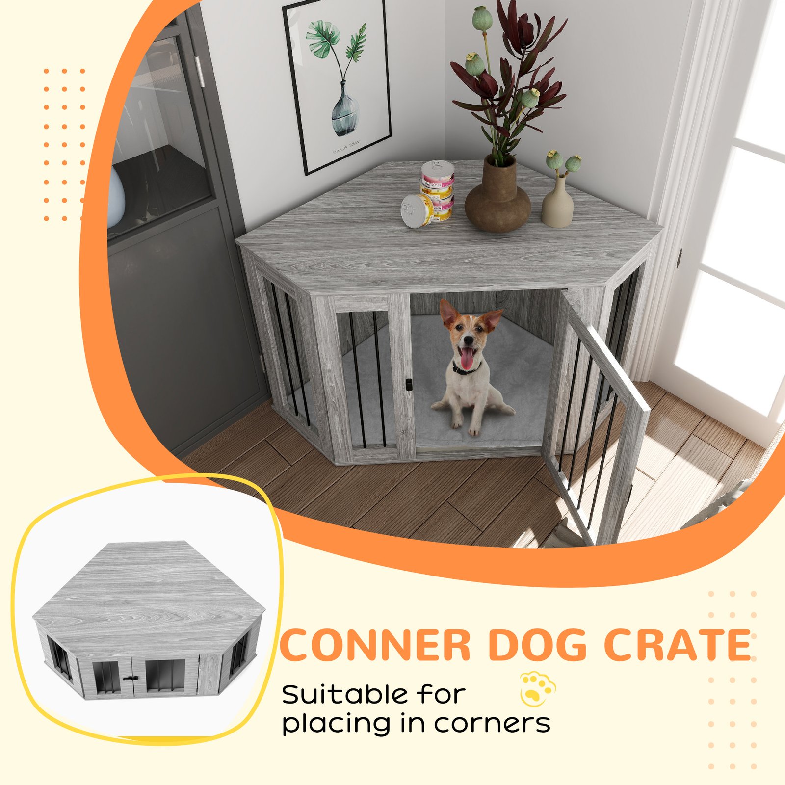 Dog Crate Furniture Side Table, with Cushion, 122 x 61 x 71cm - Grey - Image 5